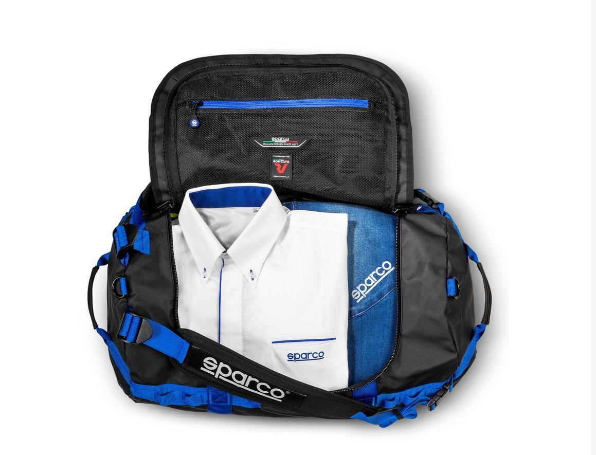 Sparco Dakar-S Travel Bag - Durable Black & Blue Carry-On Luggage for Adventure Travel, Camping, and Outdoor Sports