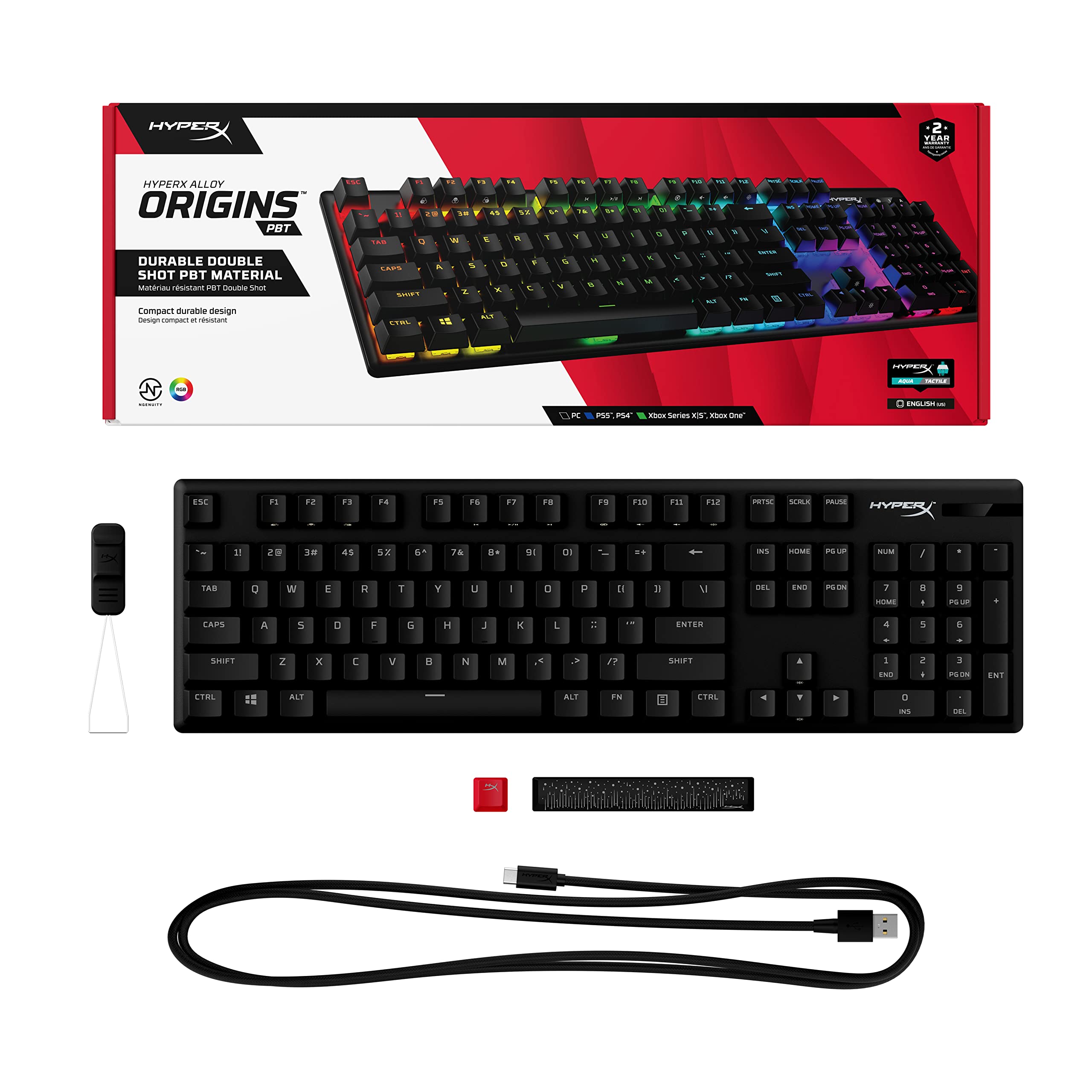 HyperX Alloy Origins PBT Mechanical Gaming Keyboard - RGB Backlit, Compact Aluminum Frame, Customizable with HyperX NGENUITY, Tactile Aqua Switches | Perfect for PC Gaming, Esports & Office Work