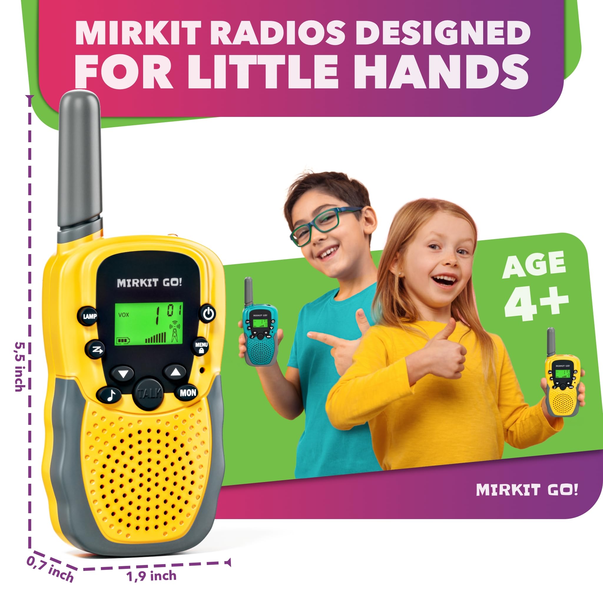 MIRKIT GO! Game: 2-Pack Kids Walkie Talkies with 4 Outdoor Backyard Games - Scavenger Hunt, Capture The Flag, Police & Hide and Seek | Fun Yard Games for Kids & Adults | Includes Free Handcuffs | Perfect for Family Camping, Birthday Parties & Outdoor Adventures