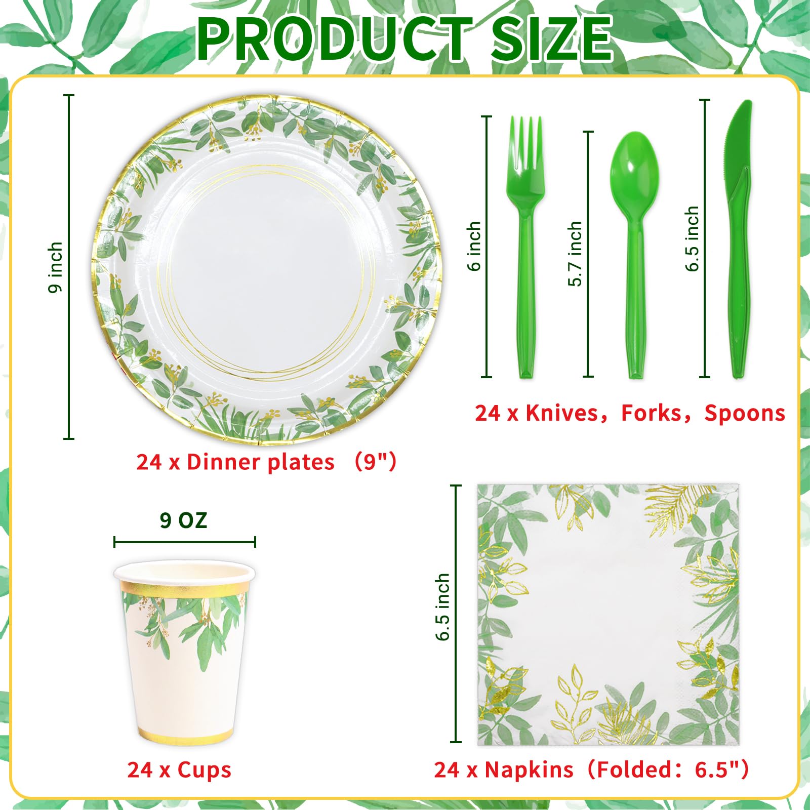 DYLIVeS Sage Greenery Party Supplies - Gold Foil Jungle Theme Dinnerware Set for Baby Shower, Birthday & Tea Party (24-Piece Set with Plates, Cups, Cutlery & Napkins) | Elegant Tableware for Garden Weddings, Bridal Showers & Tropical Themed Events