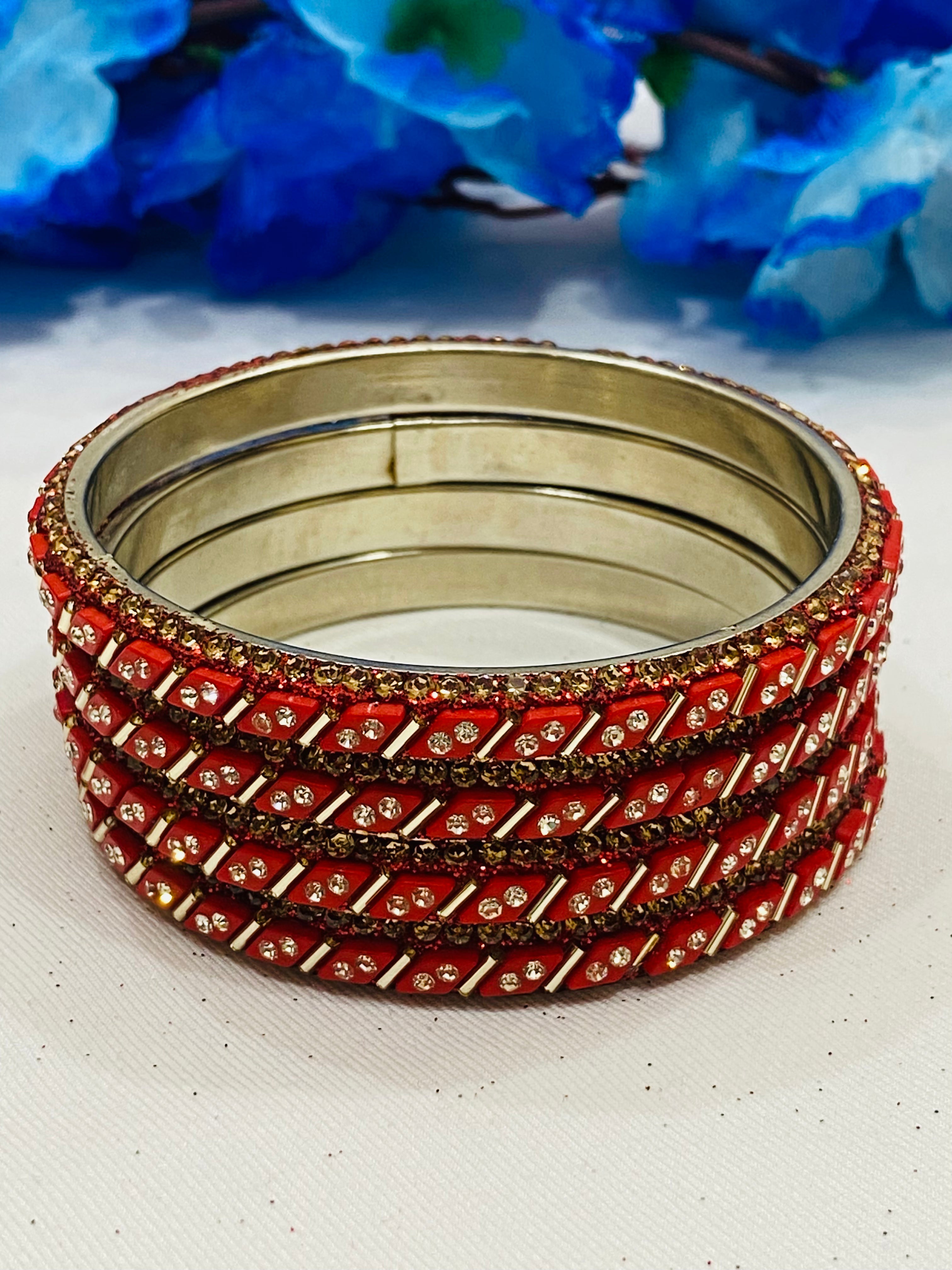 Elegant Red Metal Bangles with White Stones for Women - Fashion Jewelry for Parties, Weddings & Everyday Wear