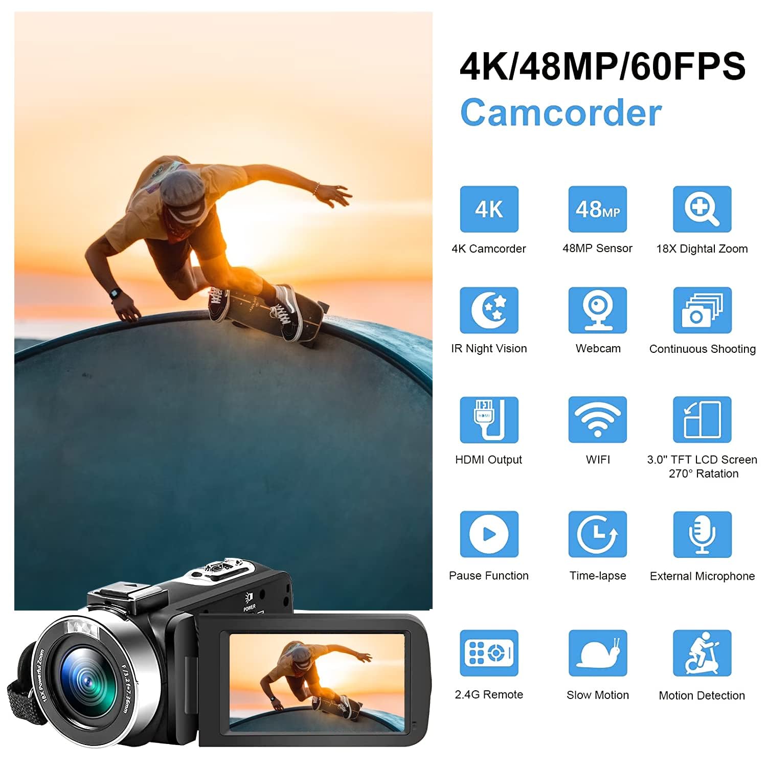 Acuvar 4K Video Camera Camcorder - 48MP Auto Focus Vlogging Camera for YouTube with 60FPS, 18X Zoom, Webcam, Mic & Stabilizer - Includes 64GB SD Card & Card Reader - Perfect for Travel Vlogging, Live Streaming & Content Creation