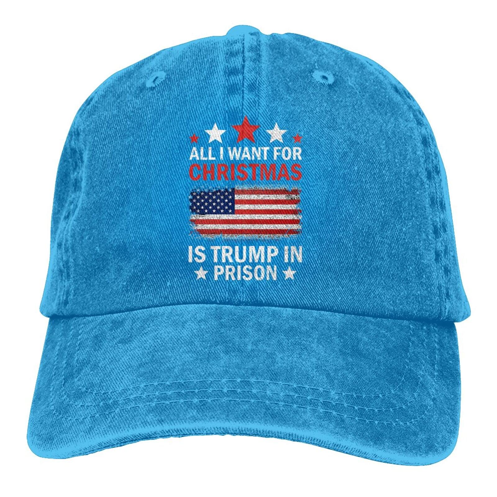 Adjustable Baseball Caps for Men & Women - Stylish Blue Hat with 'All I Want for Christmas is Trump in Prison' Print - Perfect for Political Events, Protests, and Holiday Parties