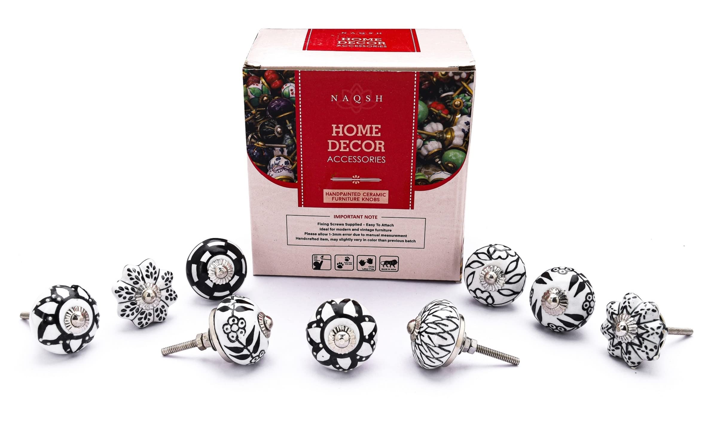 Handpainted Ceramic Drawer Knobs - Black & White Cabinet & Dresser Pulls for Kitchen, Office & Furniture (Pack of 12) - Perfect for Home Decor, DIY Projects & Cabinet Upgrades