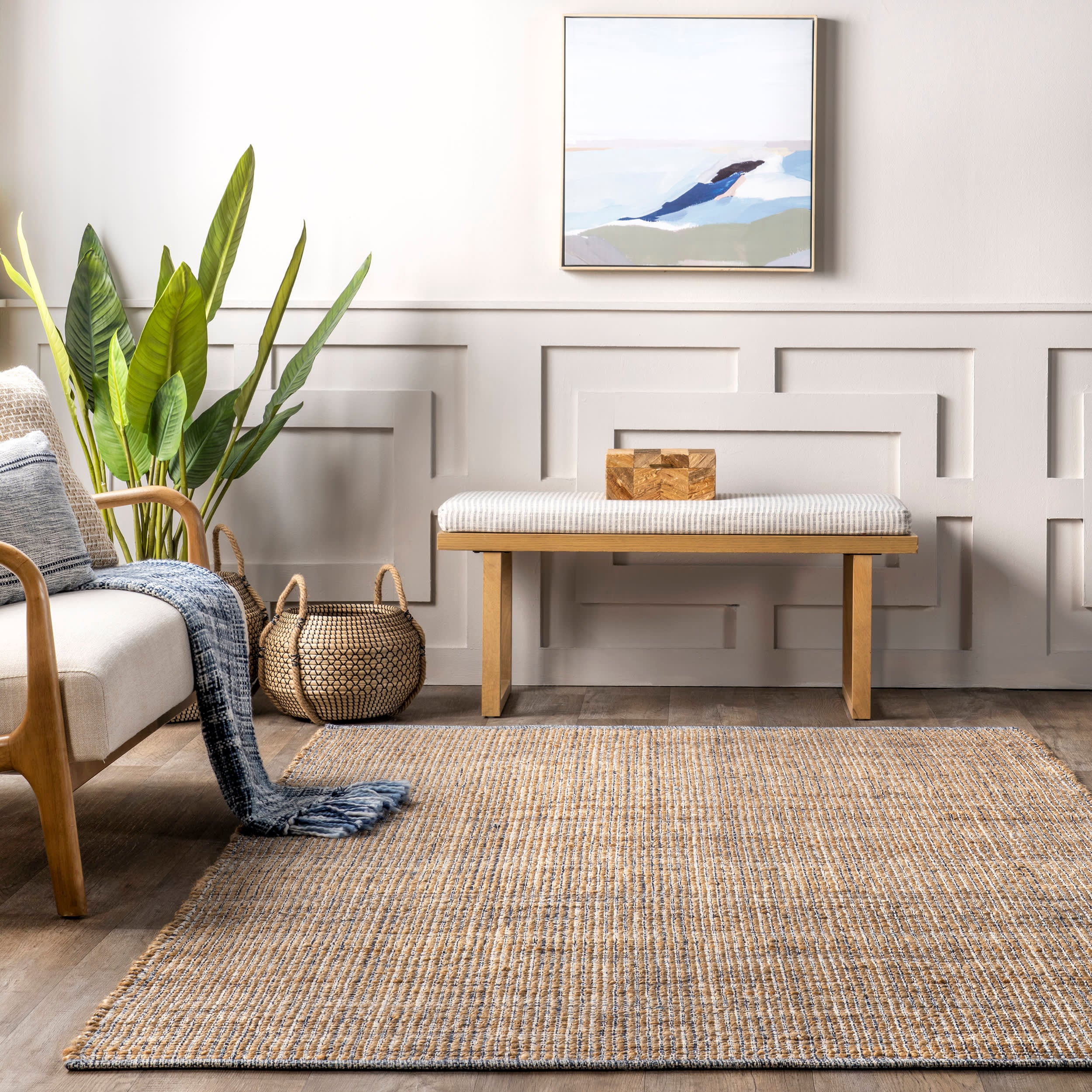 Braided Striped Jute Rug - Natural Handwoven Eco-Friendly Floor Mat for Living Room, Bedroom & Boho Decor