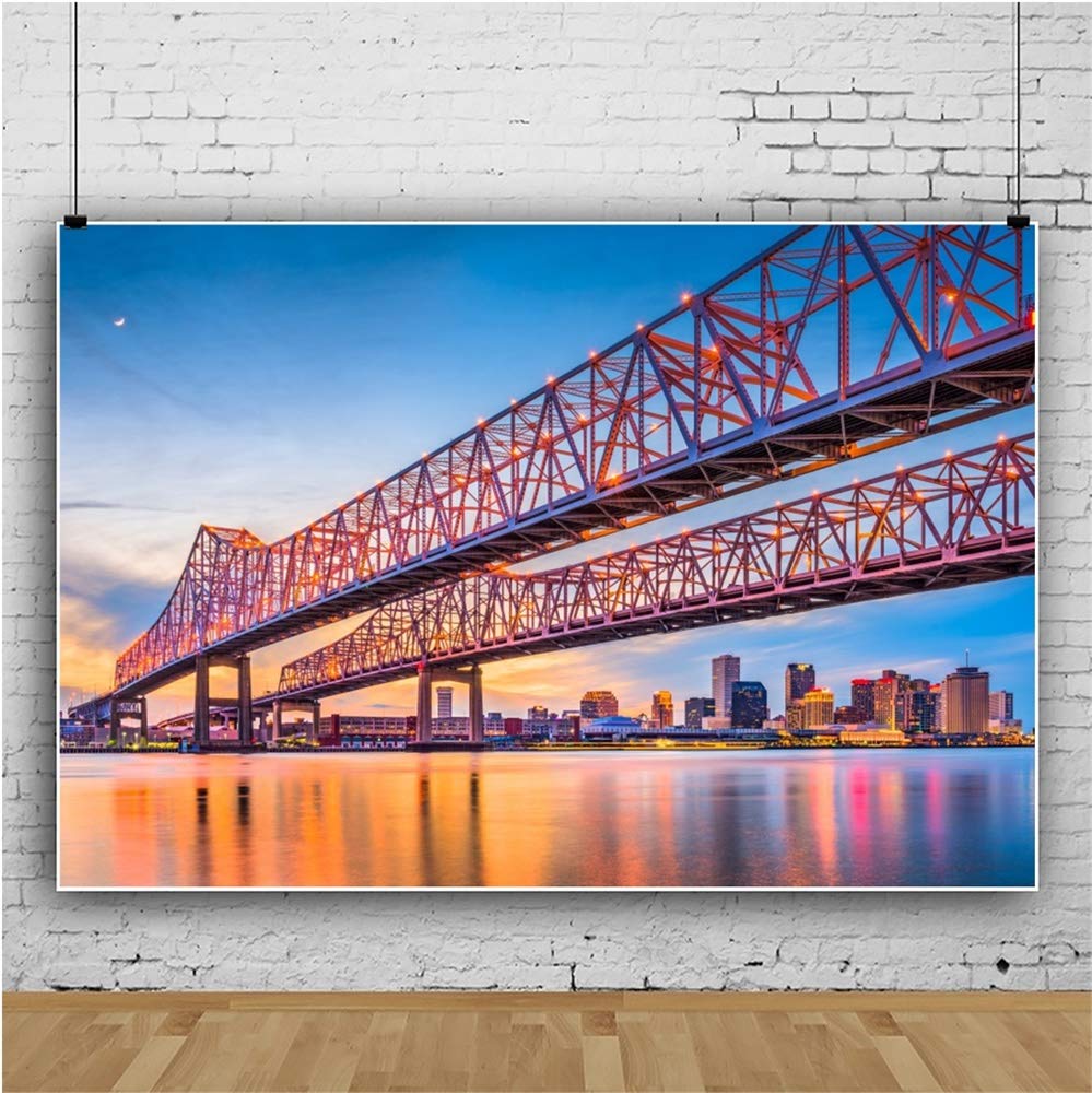 Laeacco 7x5ft New Orleans Skyline Photography Backdrop - Crescent City Bridge Vinyl Background with River Reflection & Sunset Glow | Perfect for Travel Theme Photos, Postcards, and Event Decorations
