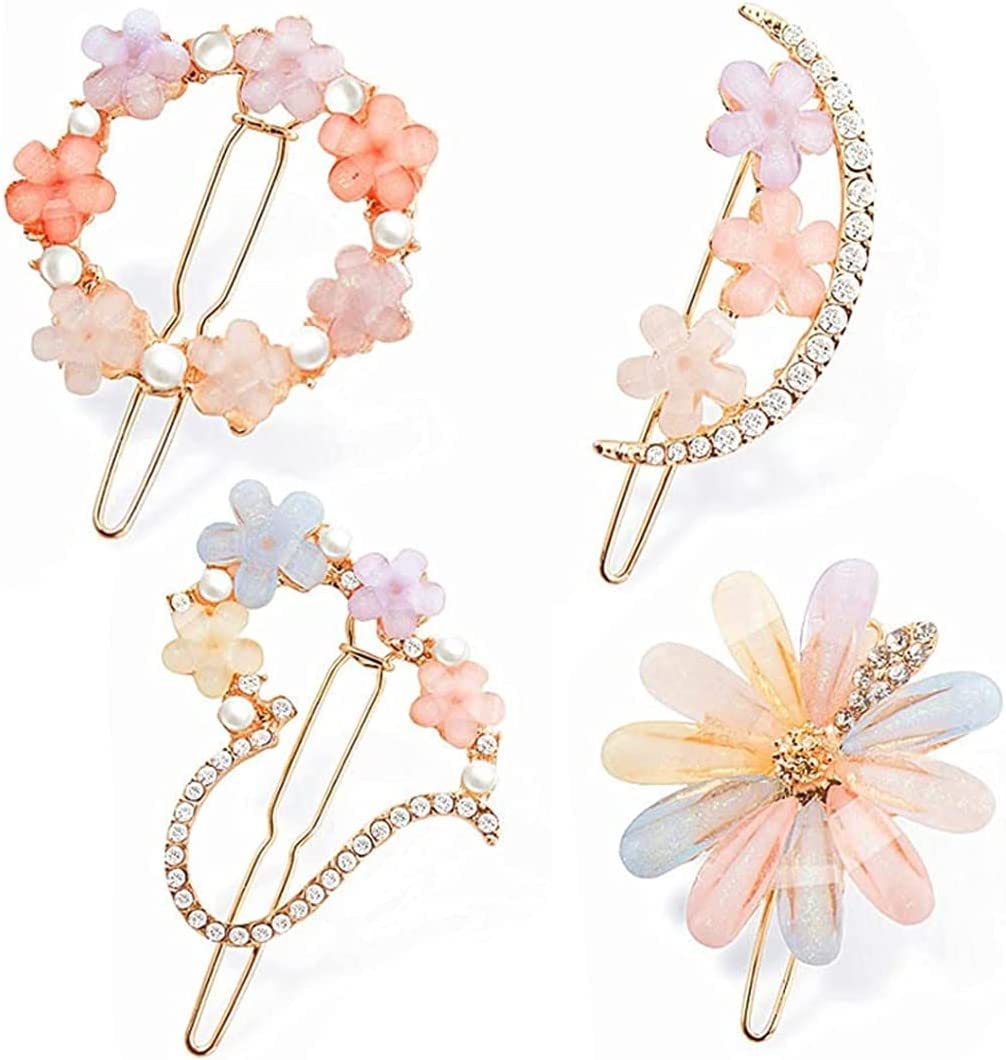 Korean Flower Pearl Hair Clips for Women & Girls - 4 Pack Elegant Pearl Resin Bobby Pins & Hair Slides | Perfect for Weddings, Parties, and Everyday Hair Accessories