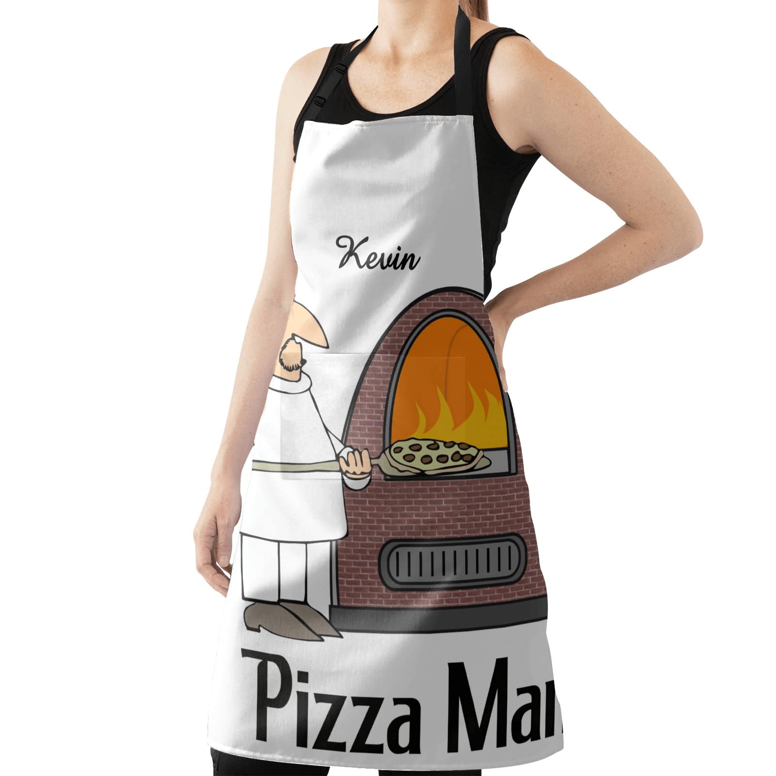 MakeUnique Personalized Pizza Chef Cartoon Apron for Women & Men - Kitchen Cooking Baking Housework Hairstylist Barber Chef Apron with Pockets (27.56x31.5 Inch) - Perfect for Home Cooking, BBQ Parties & Professional Kitchen Use