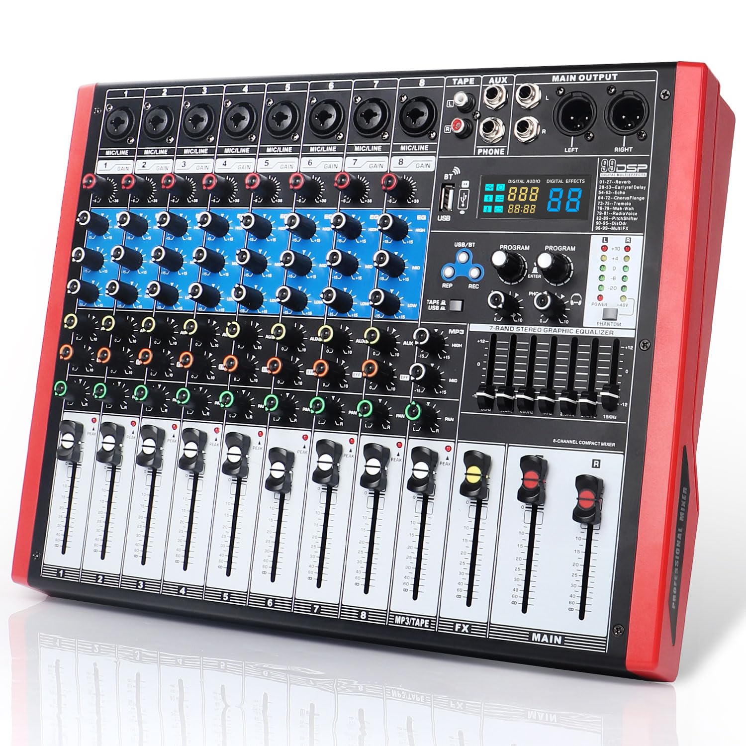 Kmise 8-Channel Professional DJ Audio Mixer with 99 Sound Effects, Bluetooth & USB Connectivity - Perfect for Live Streaming, Stage Performances & Home Studio Recording