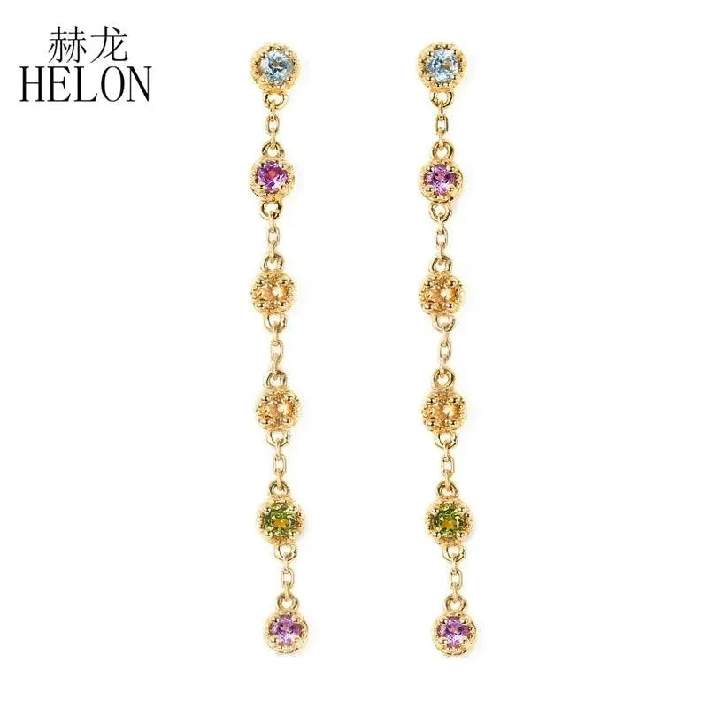 HELON 18K Solid Gold 3mm Round Drop Earrings for Women - Natural Amethyst, Sky Blue Topaz, Peridot & Citrine Gemstones | Trendy AU750 Yellow Gold Jewelry | Perfect for Parties, Weddings & Everyday Wear