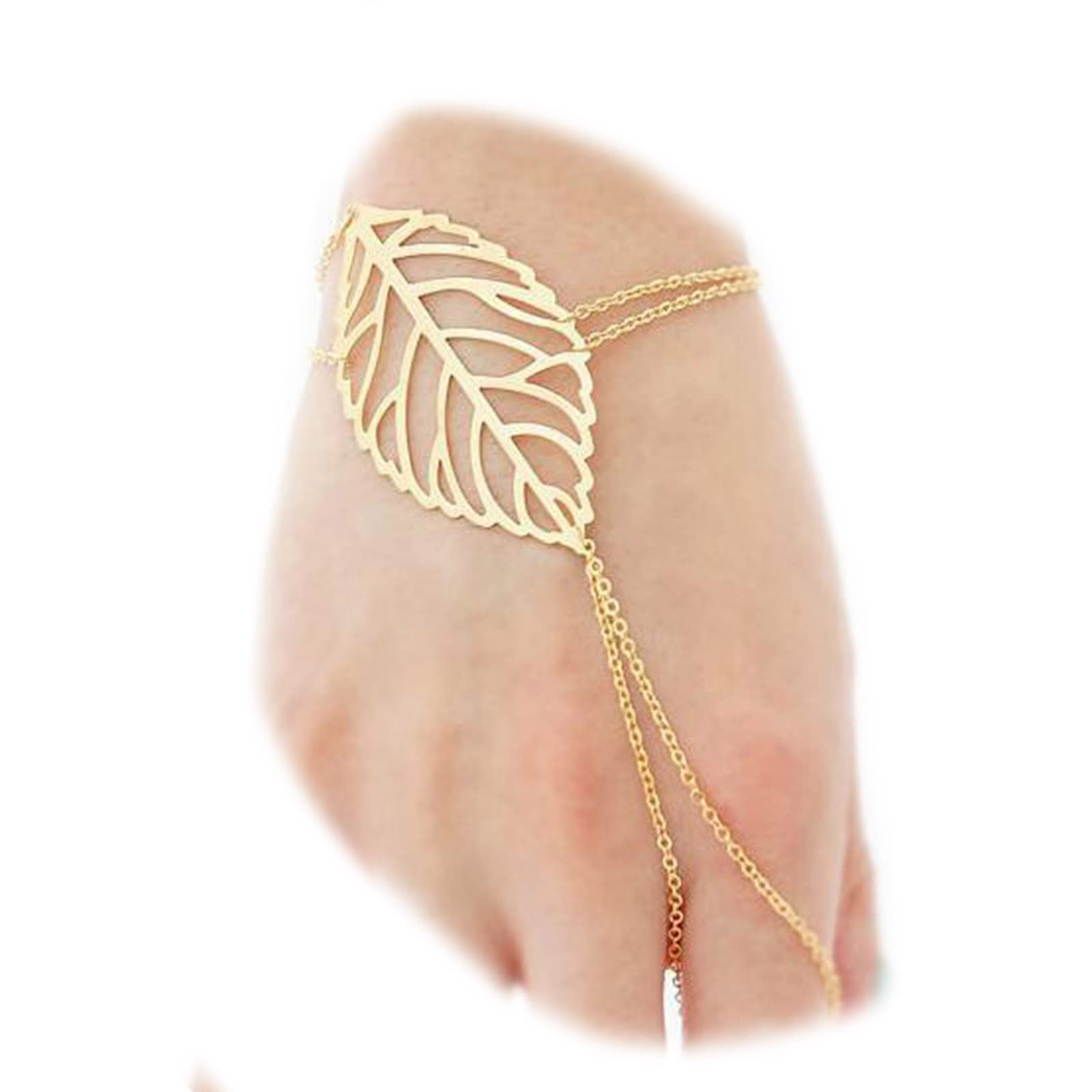 Boho Leaf Finger Bracelet - Gold Vintage Hollow Leaf Wrist Chain Jewelry for Women | Minimalist Hand Chain & Ring Set | Perfect for Festivals, Weddings & Boho Fashion