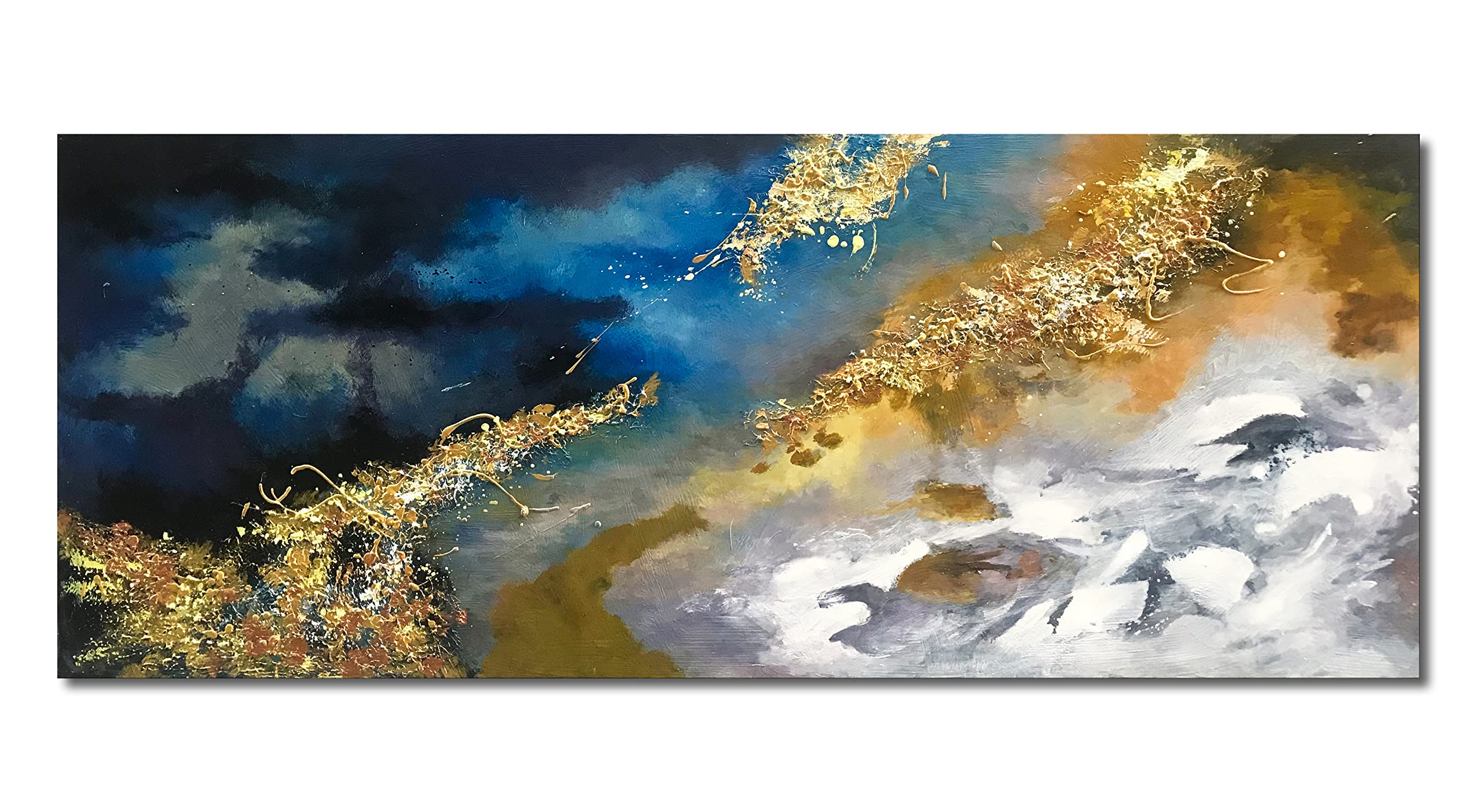 Large Blue Contemporary Abstract Wall Art - Hand-Painted Oil Painting on Gold Canvas - Modern Home Decor for Living Room, Corridor & Restaurant - 24x60 Inch Wall Decoration - Perfect for Boho Chic Interiors & Office Spaces