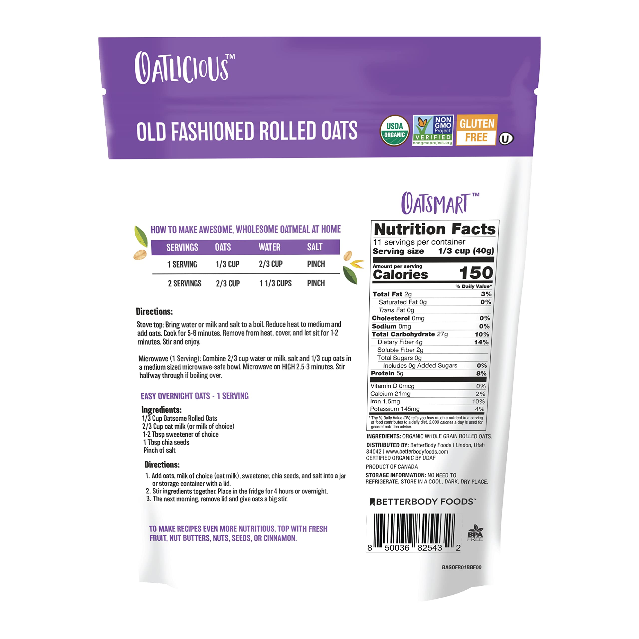 Organic Rolled Oats 1lb Bag - Gluten-Free Whole Grain Oats for Oatmeal, Baking & Granola - Healthy Breakfast, Smoothie Bowls & Energy Bars