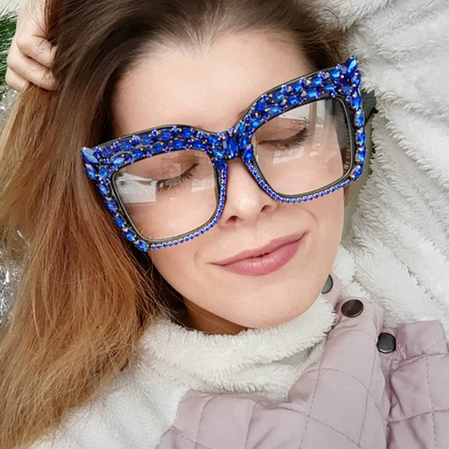 Luxury Rhinestone Cat Eye Glasses for Women - Oversized Diamond Frame Blue Eyeglasses | Fashion Accessories for Parties, Weddings & Evening Events