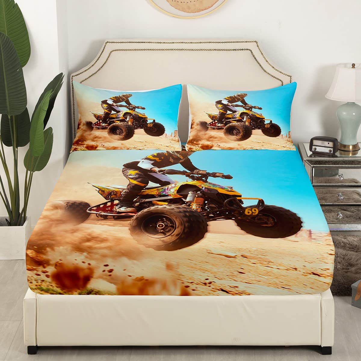 Homewish Motorcycle ATV Rider Themed Bedding Set for Kids, Boys & Teens - 2pc Microfiber Twin XL Sheet Set (1 Fitted Sheet + 1 Pillowcase) - Durable, Soft & Easy Care - Perfect for Motorbike Lovers' Bedrooms & Dorm Rooms