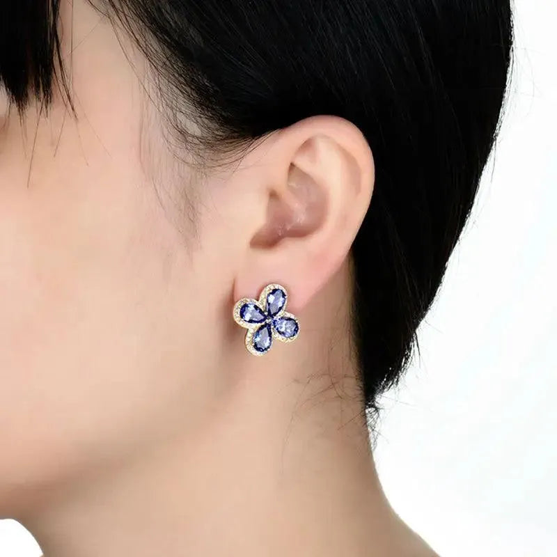 14k Real Yellow Gold Tanzanite & Natural Diamond Pear Stud Earrings 7x9mm for Women | Wedding, Party, Anniversary Gift | Elegant Jewelry for Special Occasions
