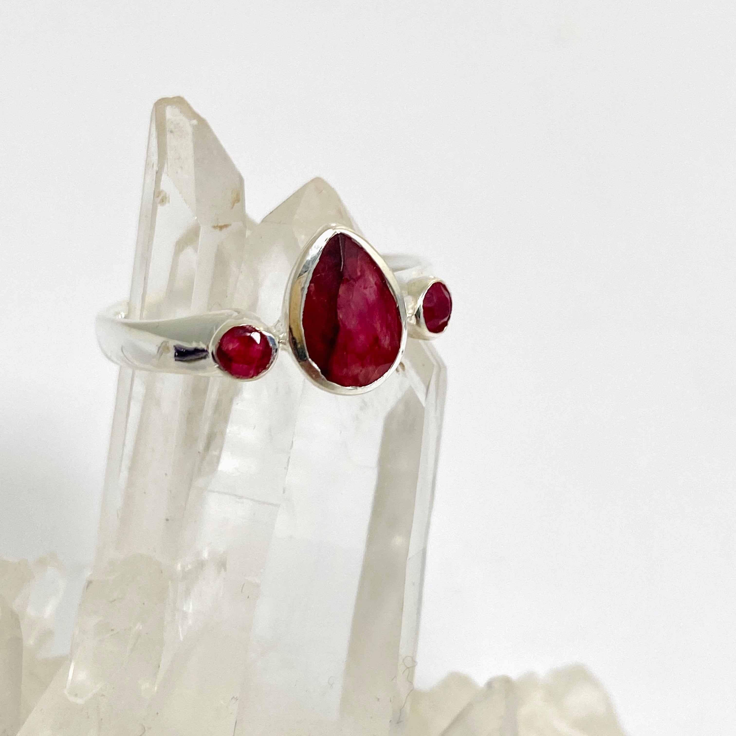 Faceted Ruby Teardrop Ring with Accent Stones R3668 - Elegant Jewelry for Women, Perfect for Weddings, Parties & Special Occasions