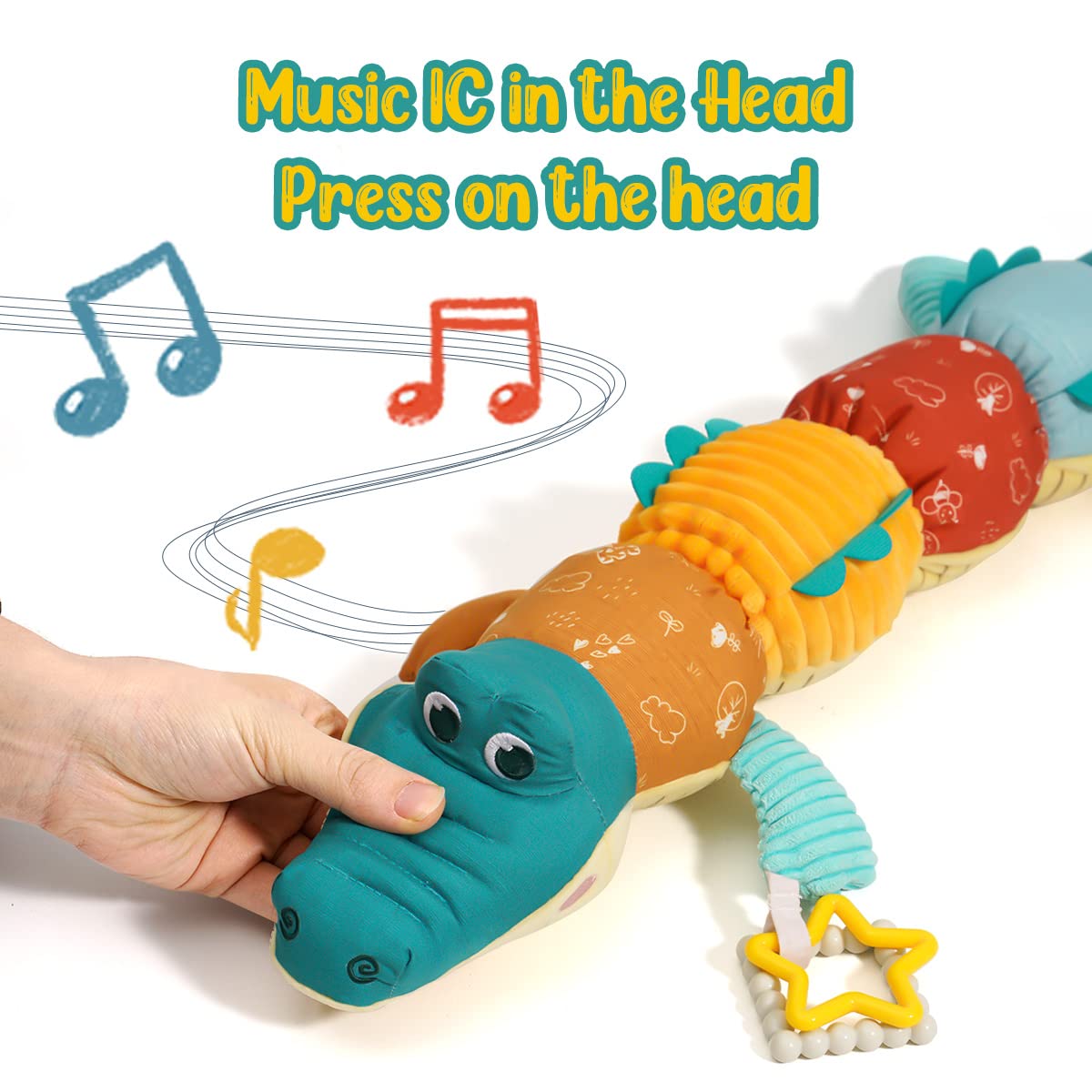 Best Tummy Time Toys for Babies 0-6 Months - Musical Stuffed Animal with Rattle, Multi-Textures & Ruler Design - Alligator & Crocodile Infant Toys for 0-12 Months - Perfect for Sensory Play, Early Development & Newborn Bonding