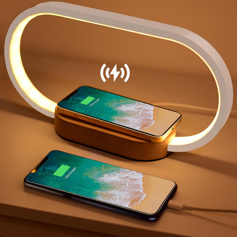 Donewin Wireless Charging Bedside Lamp with USB Port - Premium Wooden Nightstand Light for Bedroom, Nursery, Office - Touch Control Desk Lamp with Stepless Dimming & 3 Color Temperatures - Perfect Gift for Home, Dorm, Hotel Use