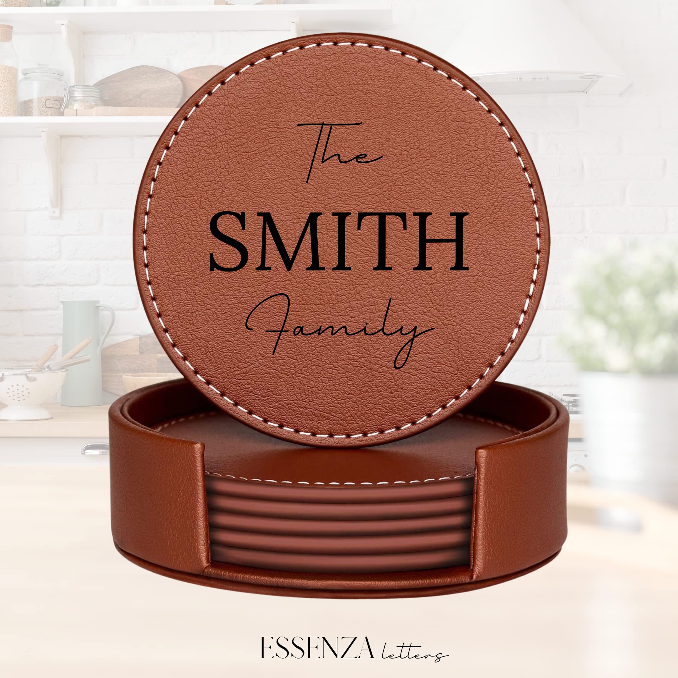 Set of 6 Personalized Engraved Leather Coasters with Holder | Handmade in USA | Custom Wedding, Anniversary & Housewarming Gifts | Perfect for Home Bar, Office Desk & Dinner Parties