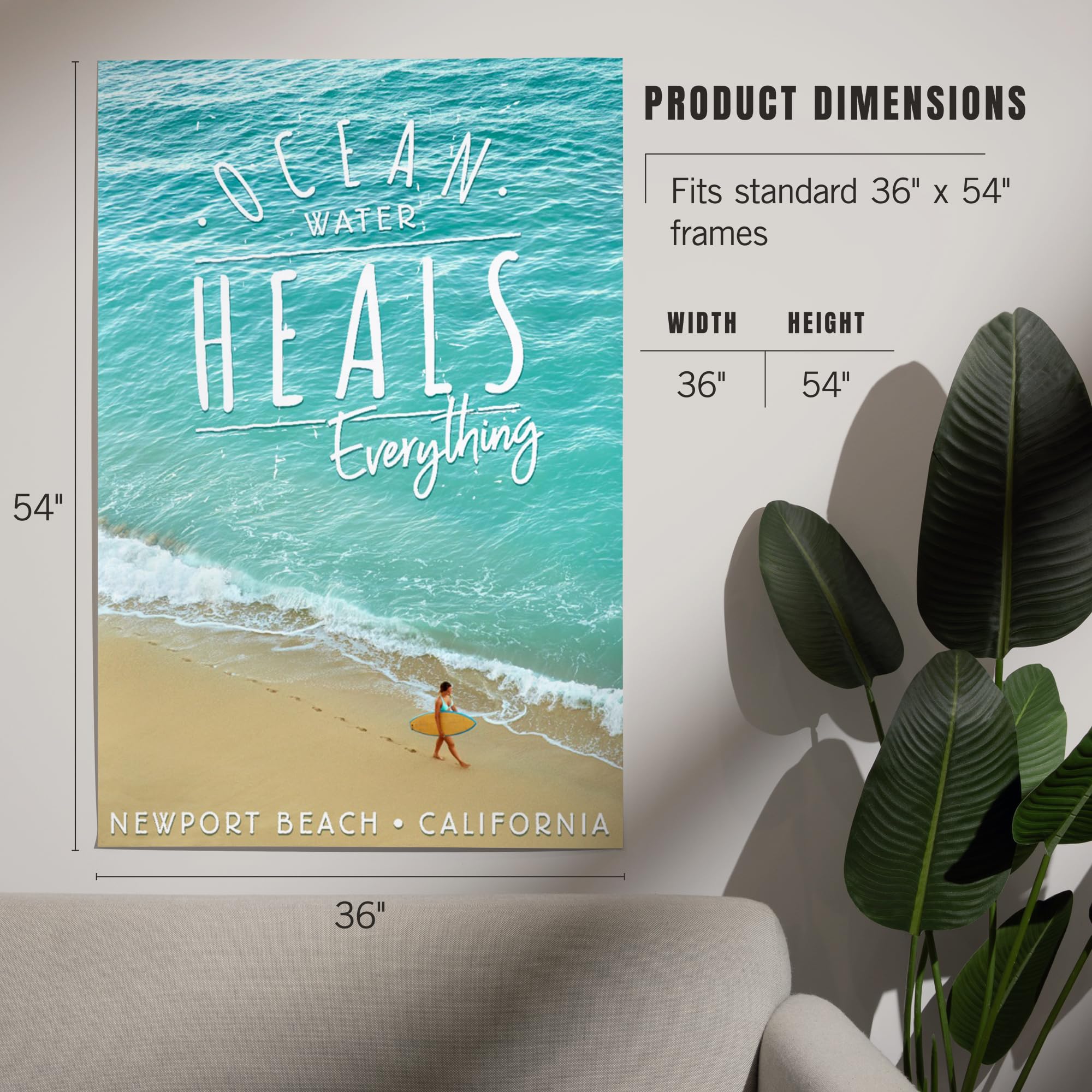 Lantern Press 36x54 Inch Giclee Art Print - Newport Beach California Coastal Wall Decor with Surfer Walking on Beach - Ocean Water Heals Everything - Perfect for Living Room, Bedroom or Office Wall Art