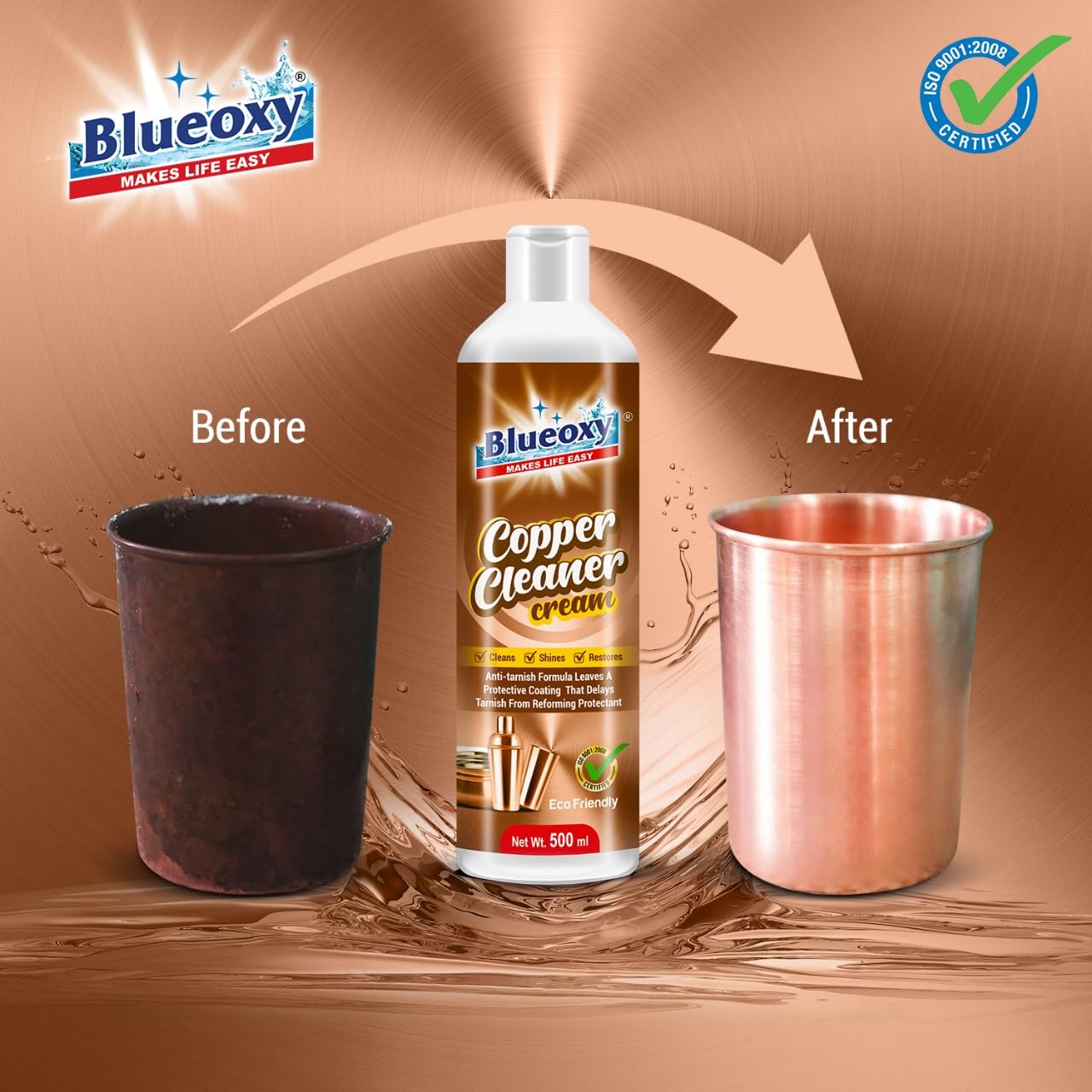 BLUEOXY Copper & Brass Cleaner Cream – Tarnish Remover & Polish with Corrosion Inhibitor | 500ml | Restores Shine to Jewelry, Instruments & Home Decor