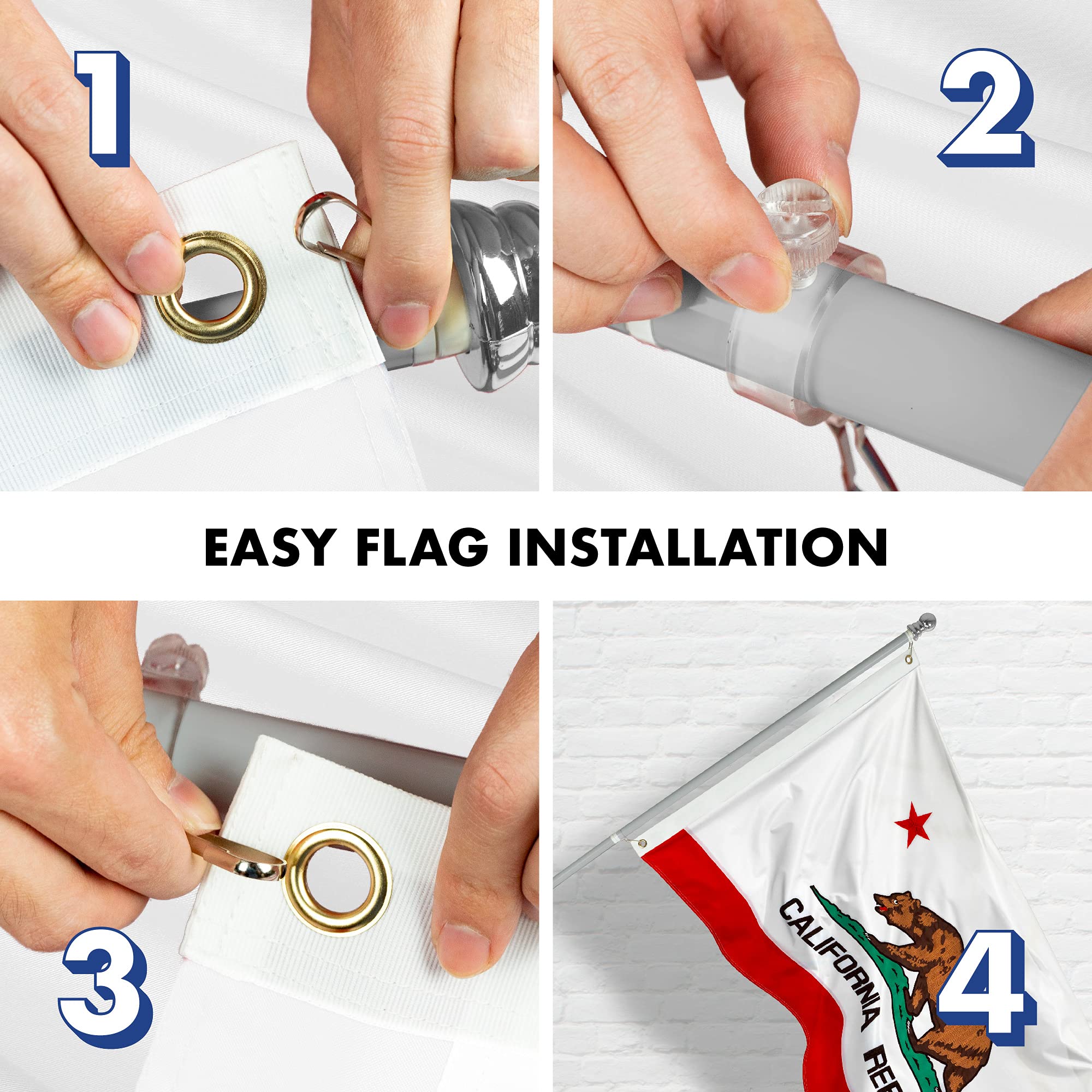 5ft Spinning Flagpole with California Flag - Silver Aluminum Pole, Double Sided Brass Grommets, 2x3ft Embroidered Flag Included | Perfect for Home, Garden, and Patriotic Decor