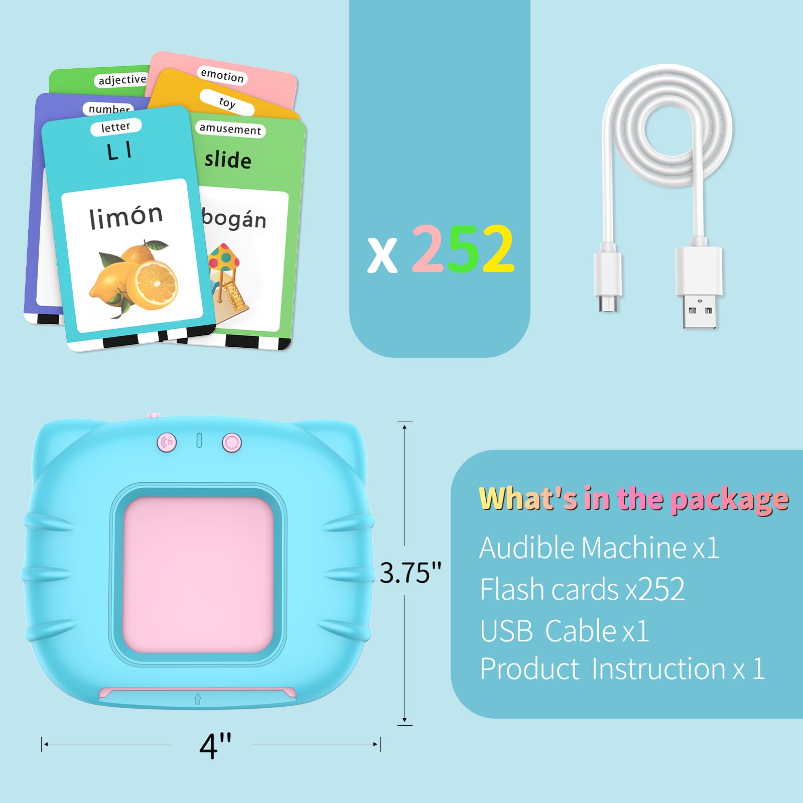 Spanish English Bilingual Learning Toys - Educational ABC Talking Flash Cards with 520 Sight Words, Autism Sensory Toys for Toddlers Ages 2-6, Perfect Easter/Xmas/Birthday Gift, Blue - Ideal for Home, Classroom, and Travel Use