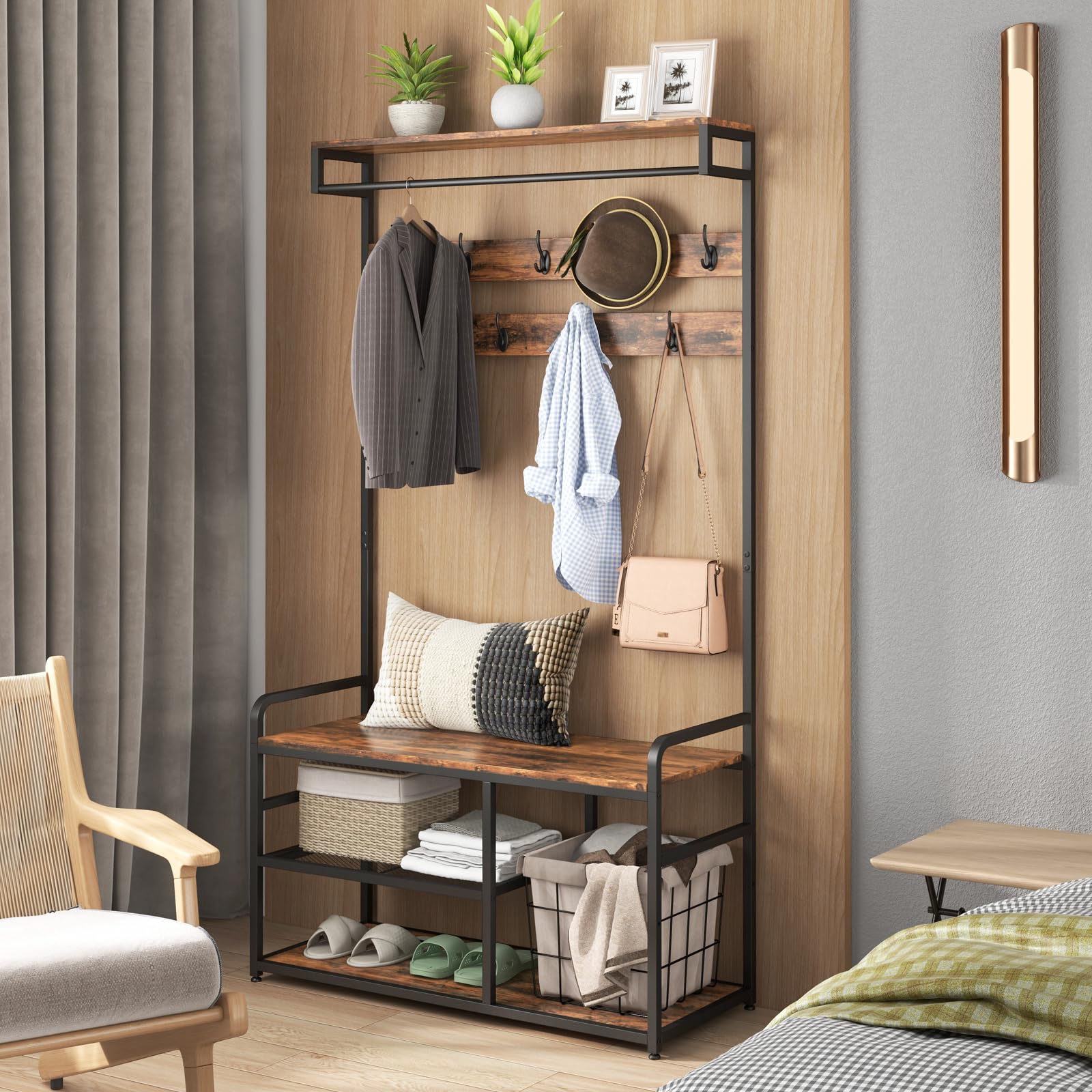 Industrial Hall Tree Coat Rack with 9 Hooks & Storage - Rustic Brown Entryway Organizer for Shoes, Coats & Accessories - Perfect for Mudroom, Foyer or Small Space Entryway Organization