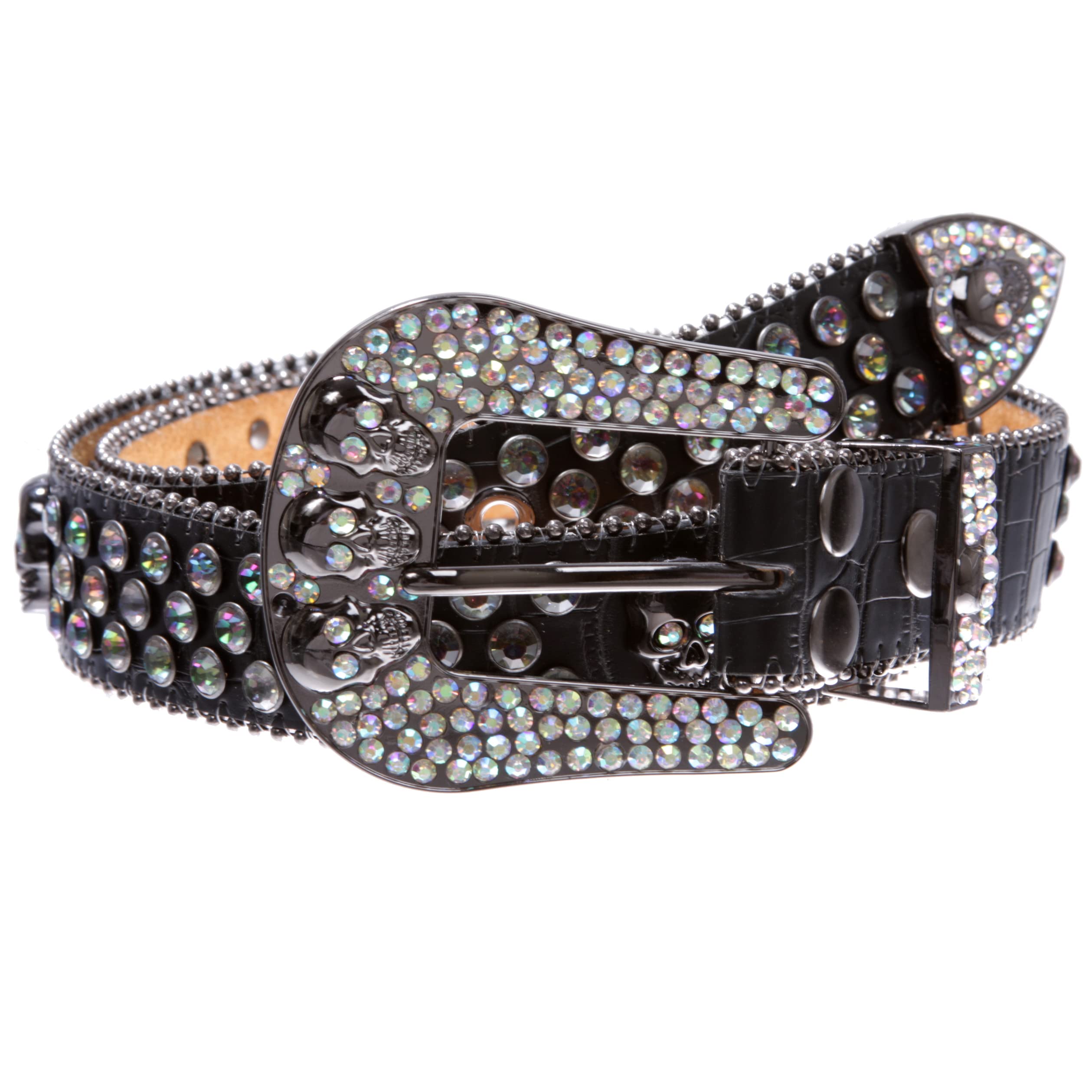 Western Rhinestone Skull Leather Belt for Men & Women - Cowboy Cowgirl Bling Accessory for Rodeo, Country Music & Fashion Outfits