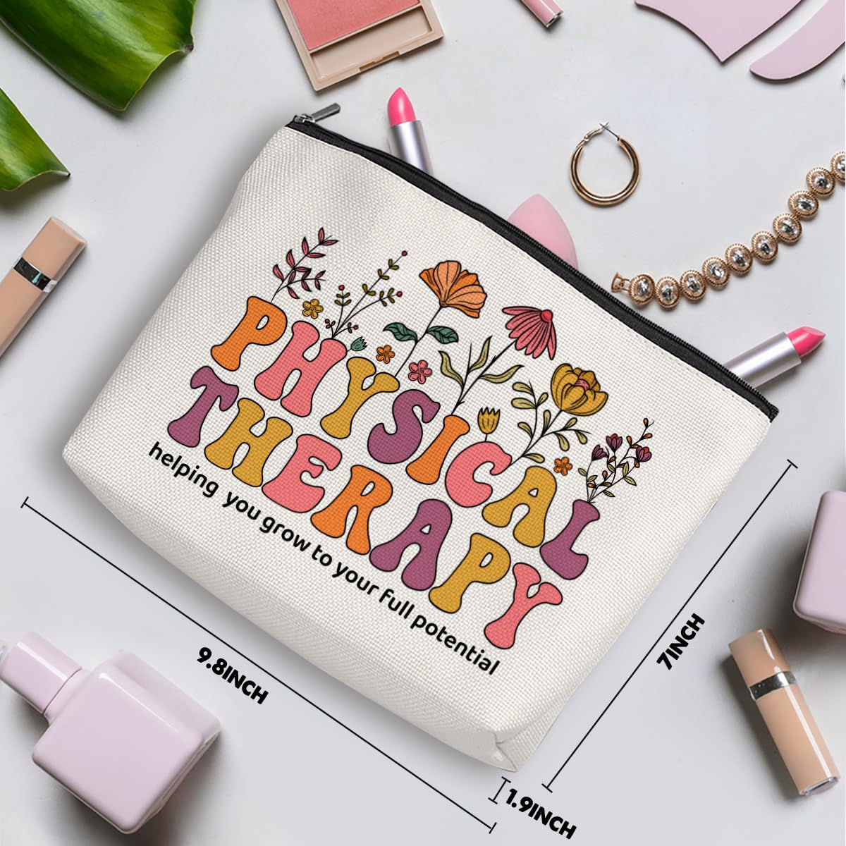 Physical Therapy Gifts for Women - Inspirational Retro Flower Cosmetic Makeup Bag - Perfect for Therapist, Occupational Therapist Assistant Birthday, Christmas & Appreciation Gifts - Great for Office, Travel & Daily Use