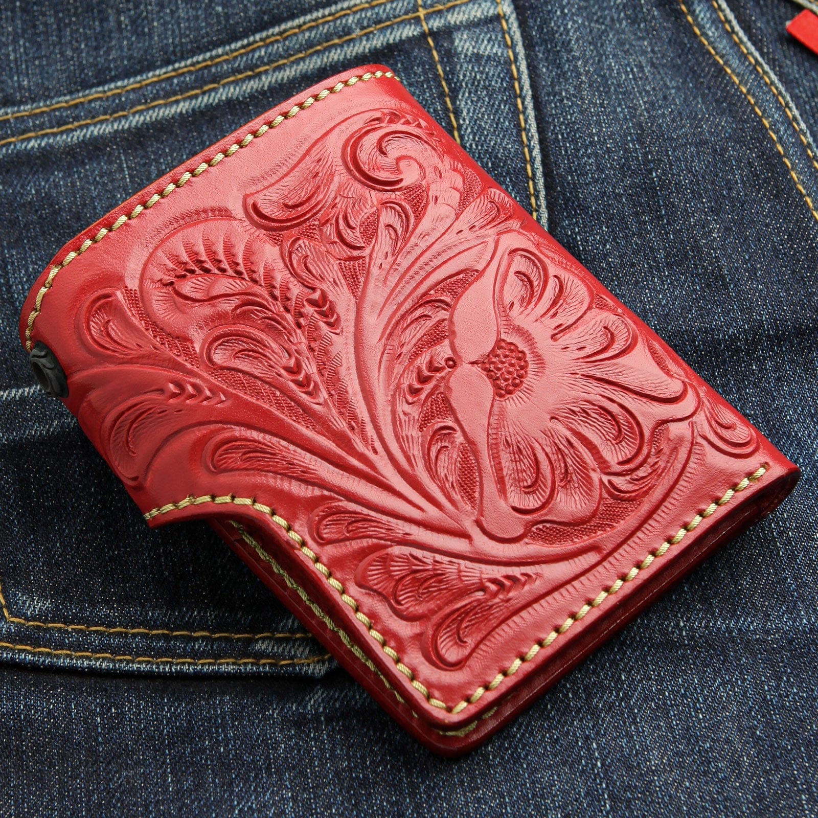 Genuine Red Cowhide Leather Biker Wallet with Chain - Stylish & Durable for Motorcycle Riders, Bikers & Outdoor Enthusiasts