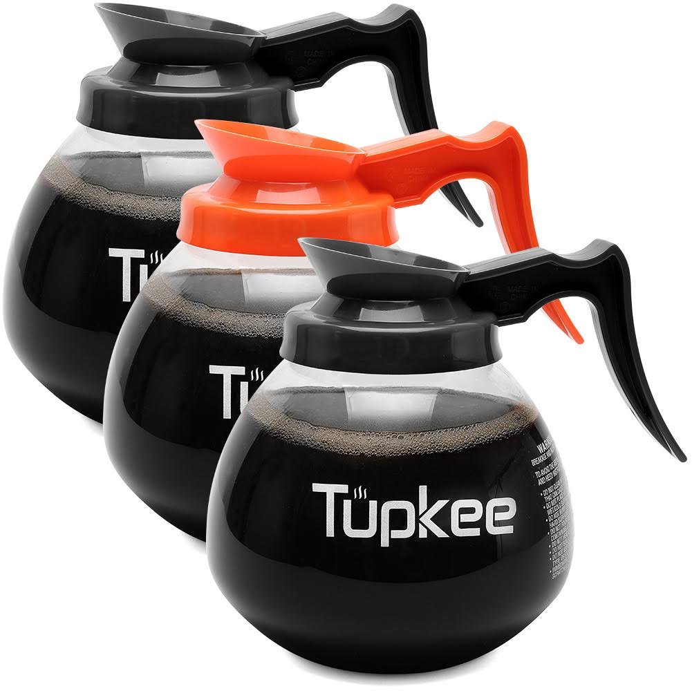 12 Cup Glass Coffee Carafe Replacement (64 oz) - Set of 3 with Black & Orange Handles - Durable Commercial Coffee Decanter for Restaurants, Offices & Home Brewing