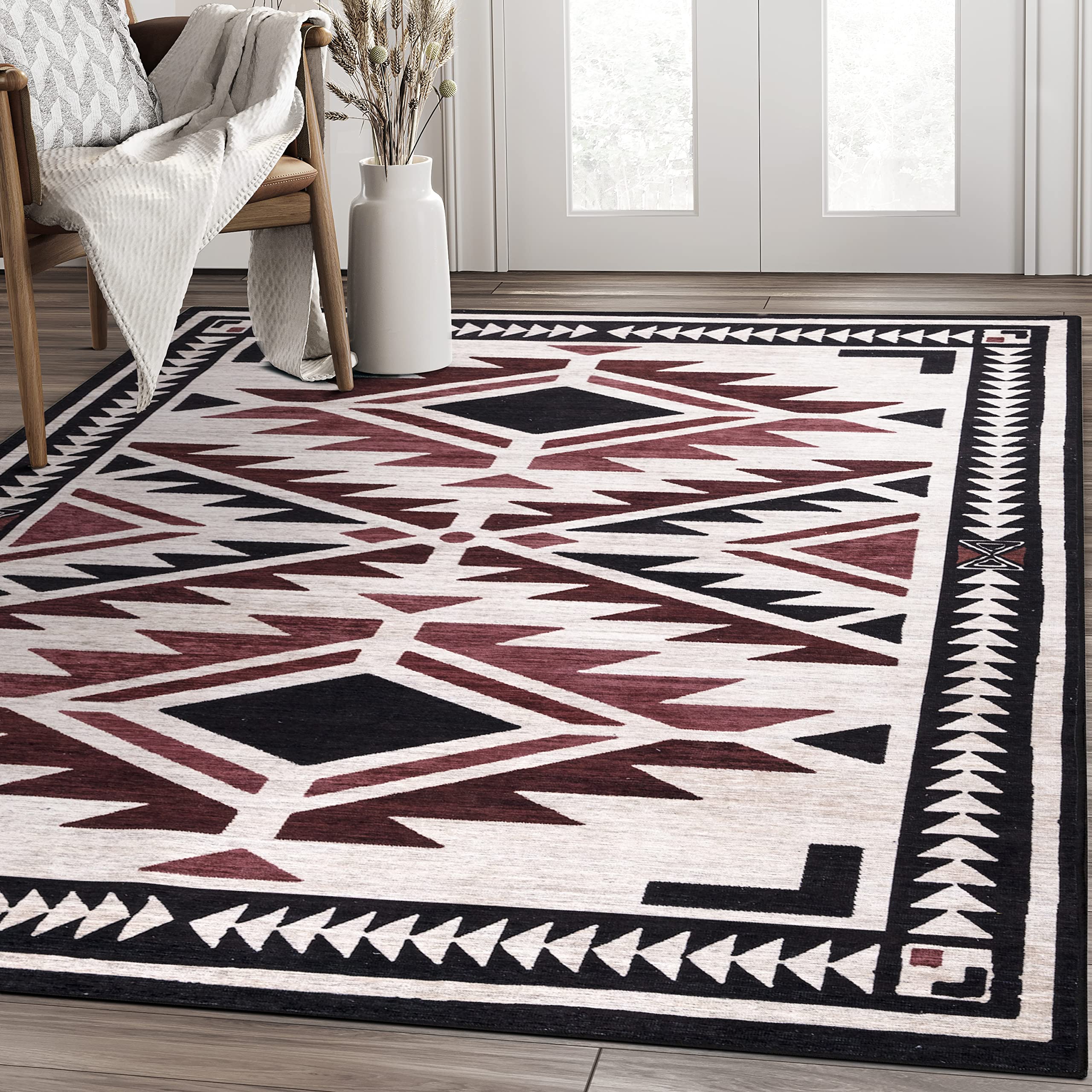 ABANI 8' x 10' Southwestern Style Area Rug - Beige & Red Polypropylene Rug, Machine Washable, Stain Resistant & Non-Shedding - Perfect for Living Room, Bedroom or Office Decor