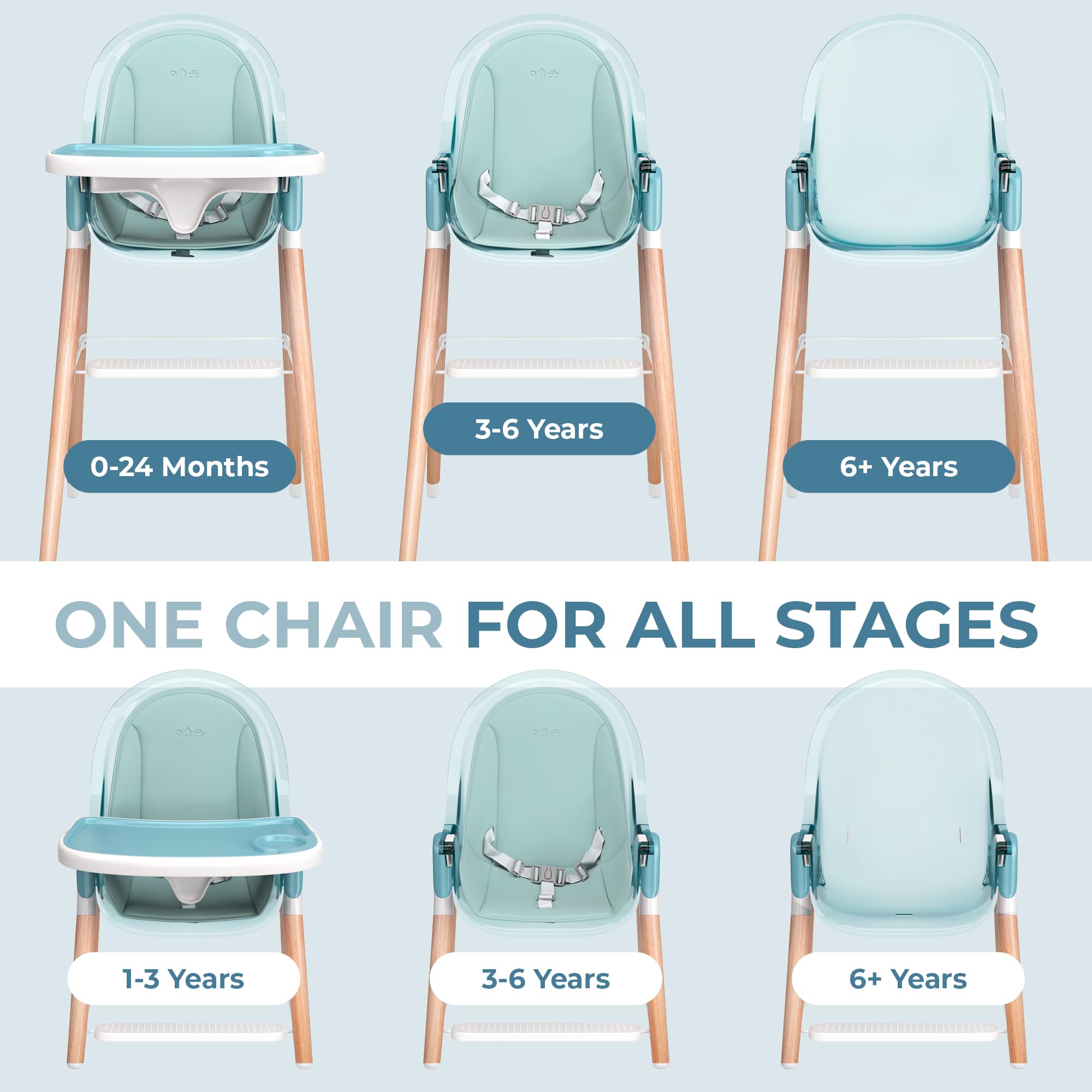 6-in-1 Deluxe Wooden High Chair for Babies & Toddlers - Modern, Safe & Compact Baby Highchair with Removable Tray & Cushion - Easy to Clean & Assemble - 3 Seat Positions & 2 Height Adjustments - Perfect for Dining, Feeding & Playtime at Home or Restaurant