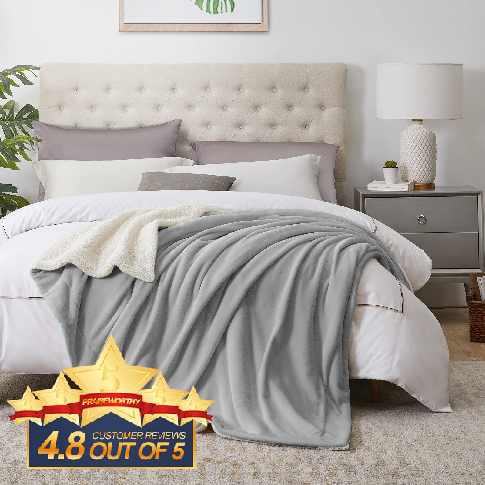 Walensee Sherpa Fleece Blanket - King Size 108”x90” Ash Grey | Ultra Soft Reversible Microfiber Plush Throw | All-Season Cozy Blanket for Bed, Couch & Sofa | Perfect for Winter Nights, Movie Time & Home Decor