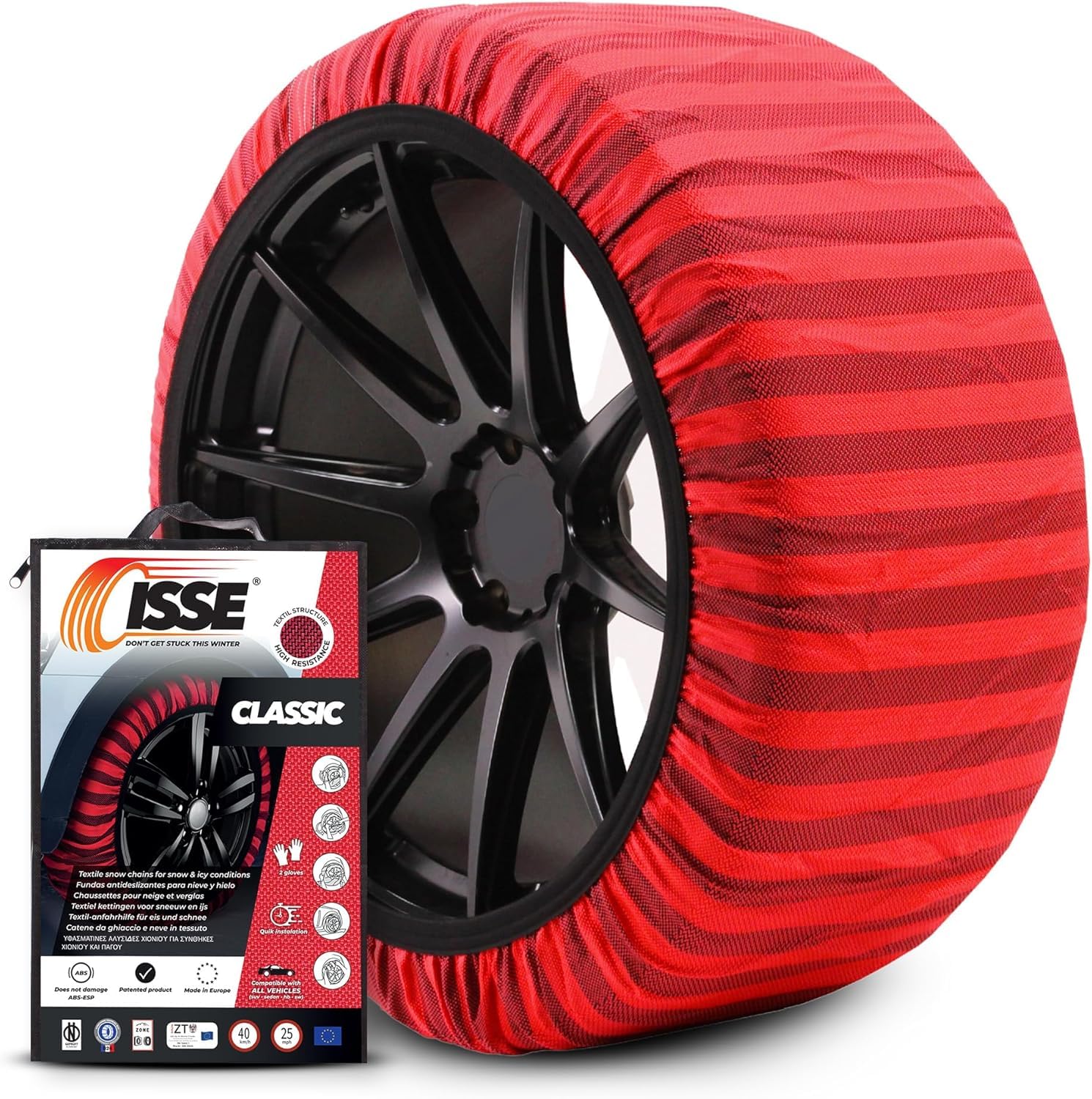 ISSE Snow Socks for Tires - Winter Traction Alternative to Snow Chains for Cars & SUVs - Certified Tire Snow Socks Kit (Set of 2 + Gloves) - Perfect for Icy Roads, Mountain Driving & Emergency Winter Conditions