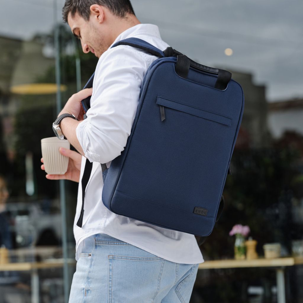 Evol 15.6 Inch Recycled Business Laptop Backpack - Navy Blue Water Resistant Computer Bag for Work, School & Travel