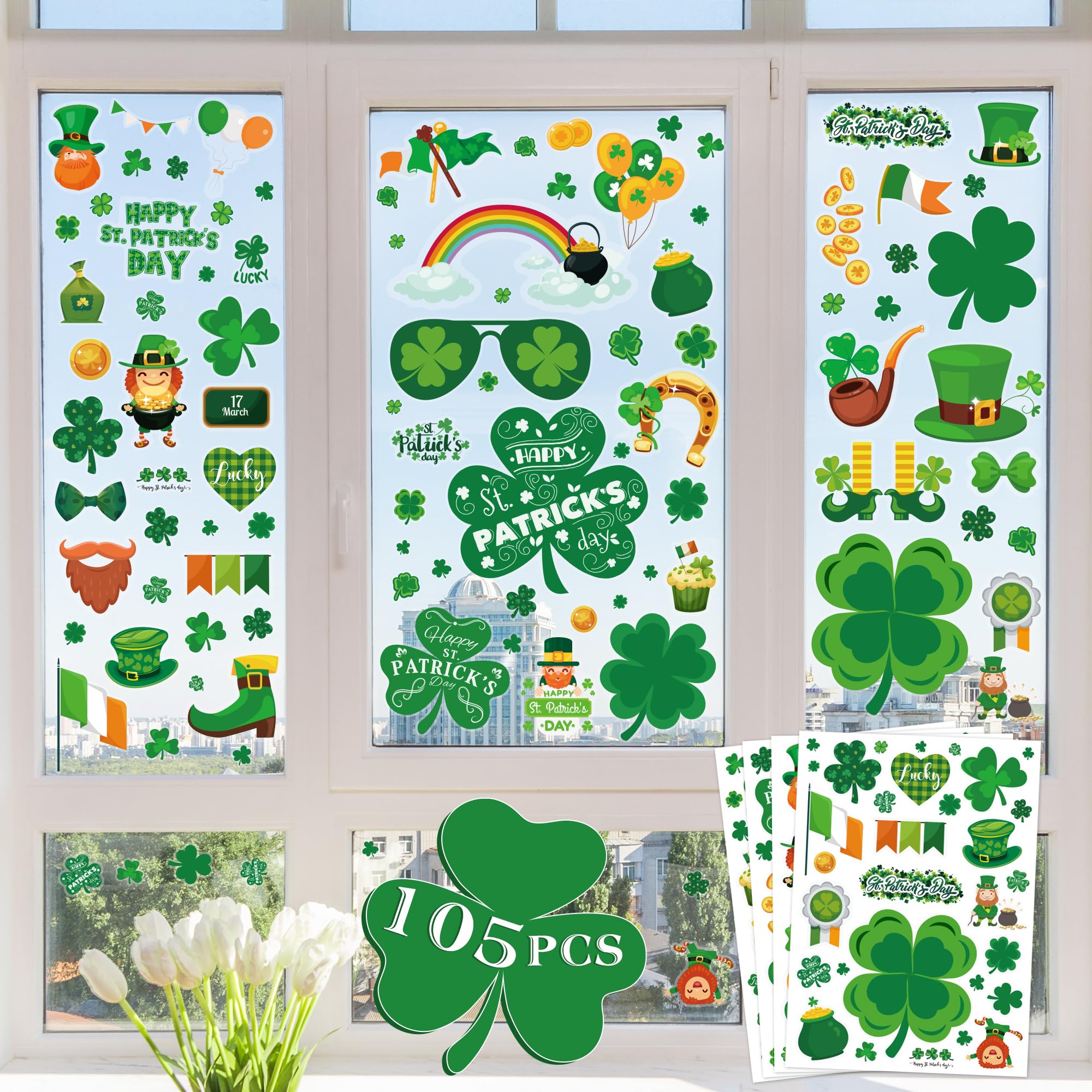 105 PCS Reusable St Patrick's Day Window Clings - Shamrock Stickers for Glass, Door & Wall Decor | Spring Party, Home & Office Decoration | St Patrick's Day Decorations