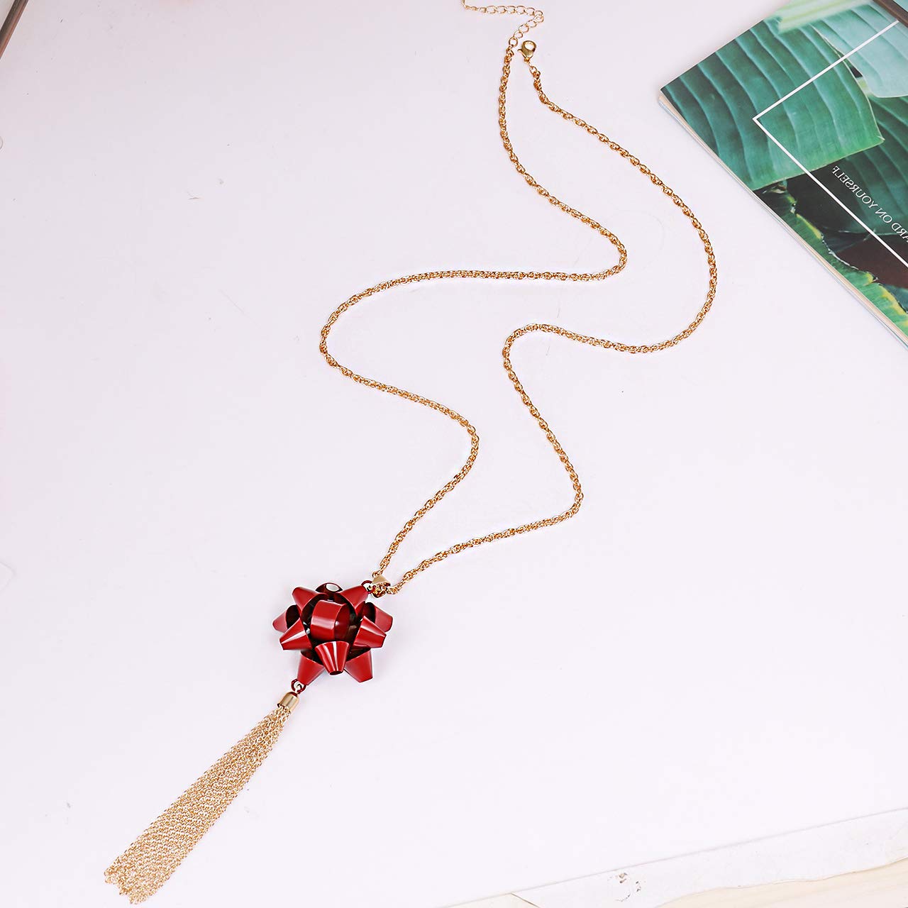 Christmas Gifts for Women - Elegant Xmas Bow Pendant Necklace with Tassel Chain, Long Layering Necklaces for Holiday Parties & Festive Occasions