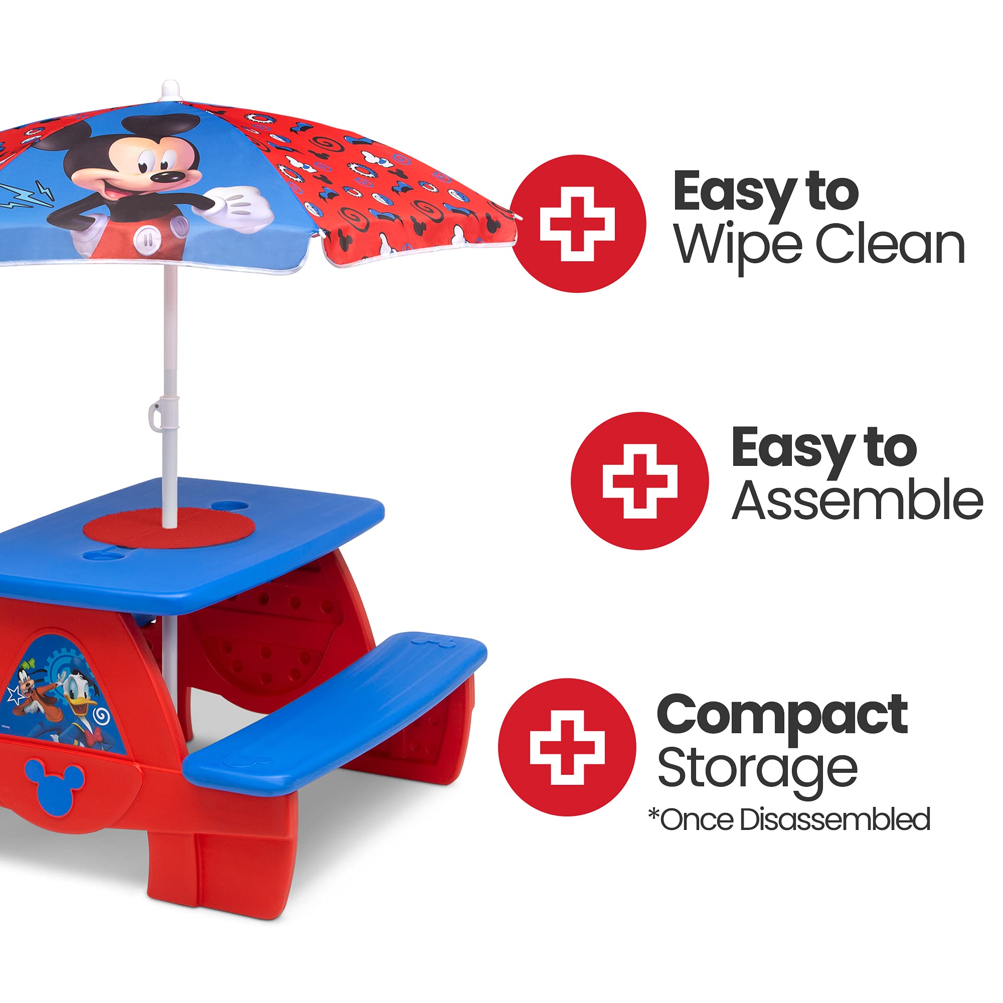 Disney Mickey Mouse 4-Seat Kids Picnic Table with Umbrella & LEGO-Compatible Tabletop - Outdoor Play, Birthday Parties, Backyard Fun by Delta Children