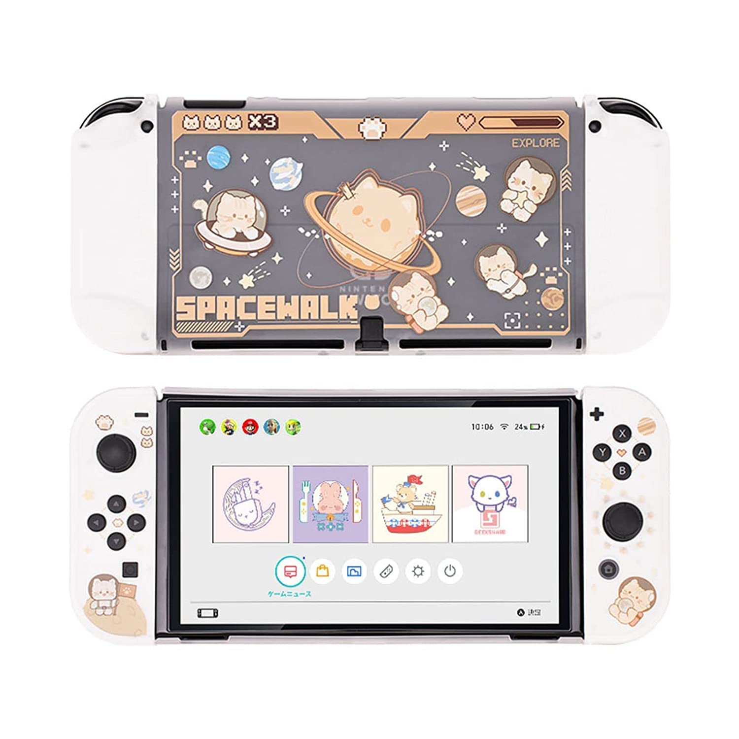 GeekShare Slim Protective Case Compatible with Nintendo Switch OLED & Joy Con - Shock Absorption & Scratch Resistant - Space Cat Design - Perfect for Travel, Gaming On-The-Go & Console Protection