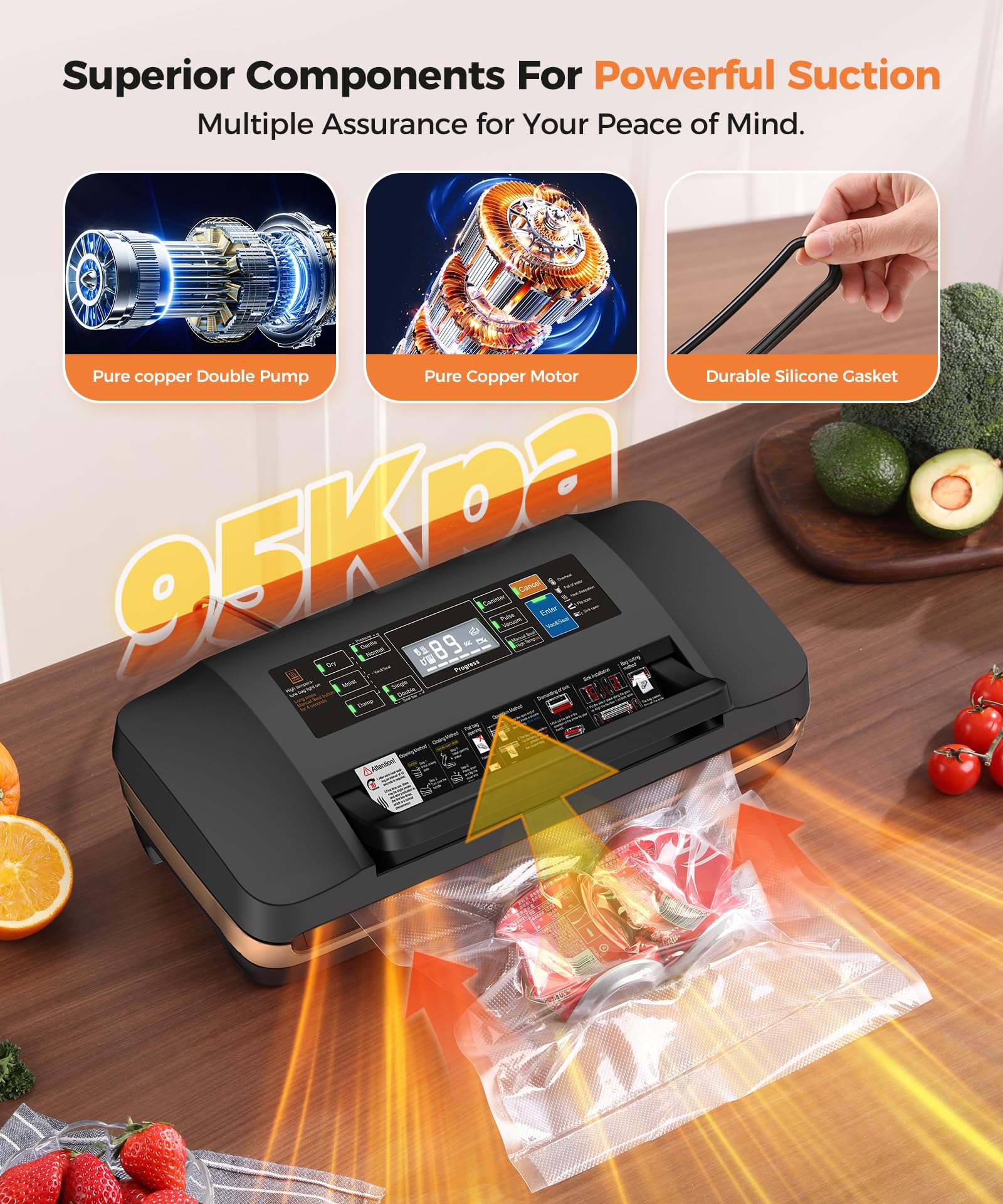 95kPa Commercial Vacuum Sealer Machine - Automatic Food Sealer with Double Heat Seal, Built-in Cutter & Easy-Lock Handle - Includes 1 Bag Roll & 10 Pre-cut Bags for Home Kitchen, Restaurant & Food Storage