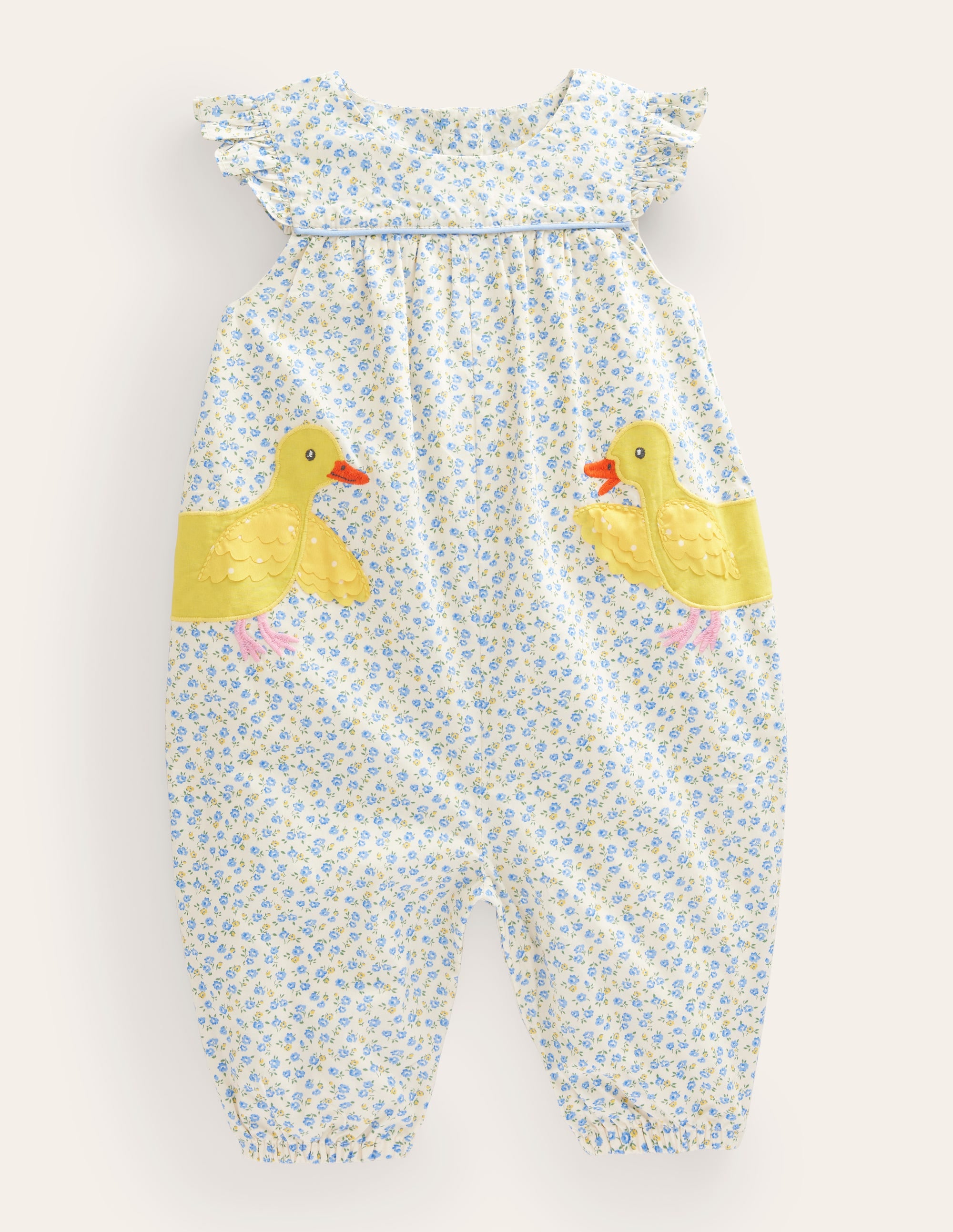 Adorable Applique Ruffle Romper for Baby Girls - Pale Blue with Tiny Rose Chicks Design - Perfect for Photoshoots, Parties & Everyday Wear