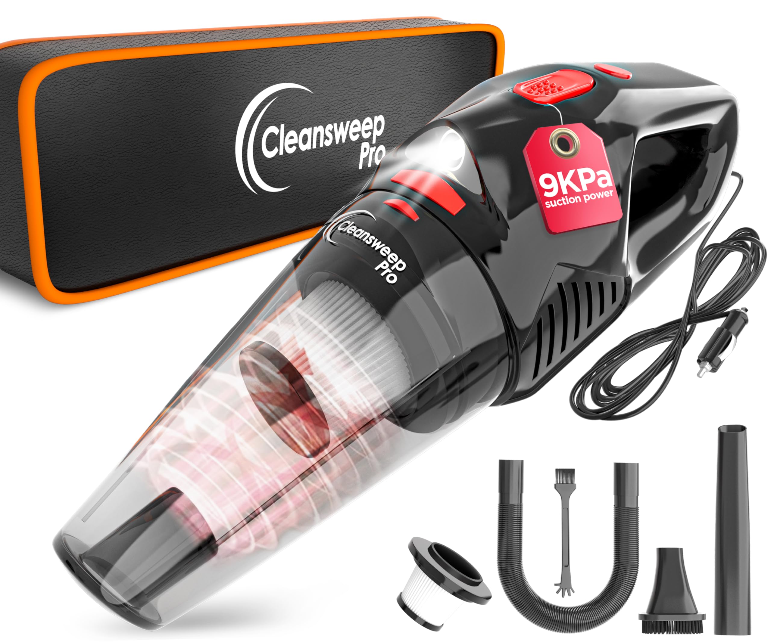 Portable Car Vacuum Cleaner - 9000Pa Powerful Suction, 12V DC Wired Vacuum with 16ft Cord, LED Light & Quiet Operation - Ideal for Car Detailing, Home & Office Cleaning - Perfect Car Accessory for Men & Women