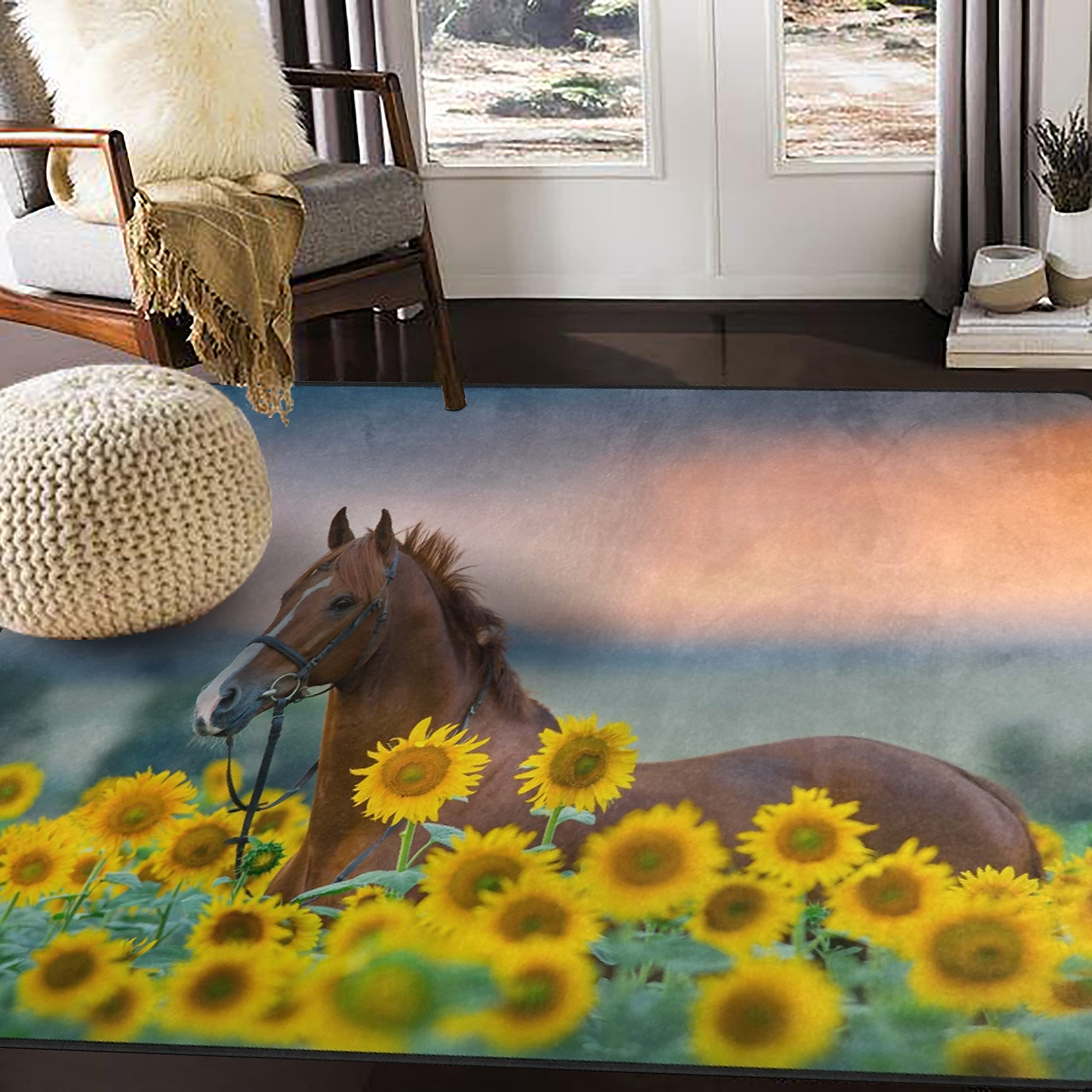 ALAZA Bohemian Horse & Sunflower Print Area Rug - 5'3