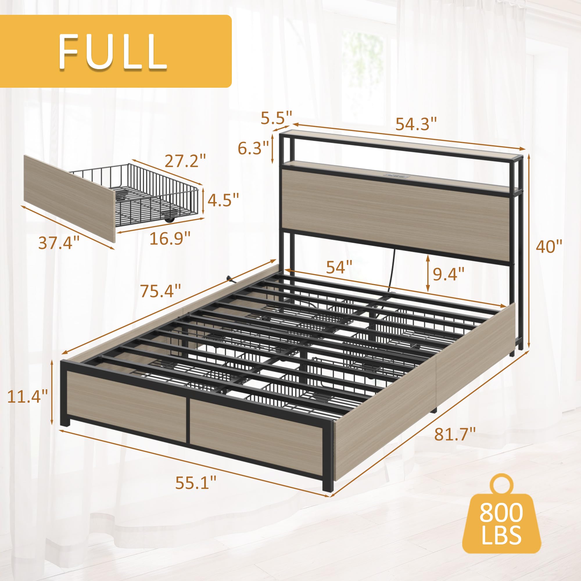 Full Bed Frame with Storage Headboard & Drawers, LED & Charging Station - Perfect for Small Bedrooms