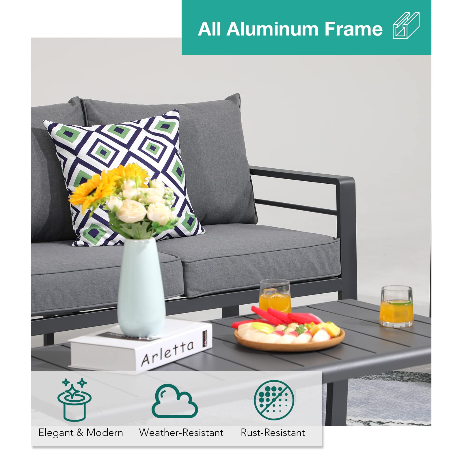 Patiorama Aluminum Outdoor Patio Coffee Table - All-Weather Metal Rectangle Coffee Table with Slatted Tabletop (150 lbs Capacity) for Deck, Garden, Balcony & Poolside - Dark Grey | Perfect for Outdoor Entertaining & Relaxation