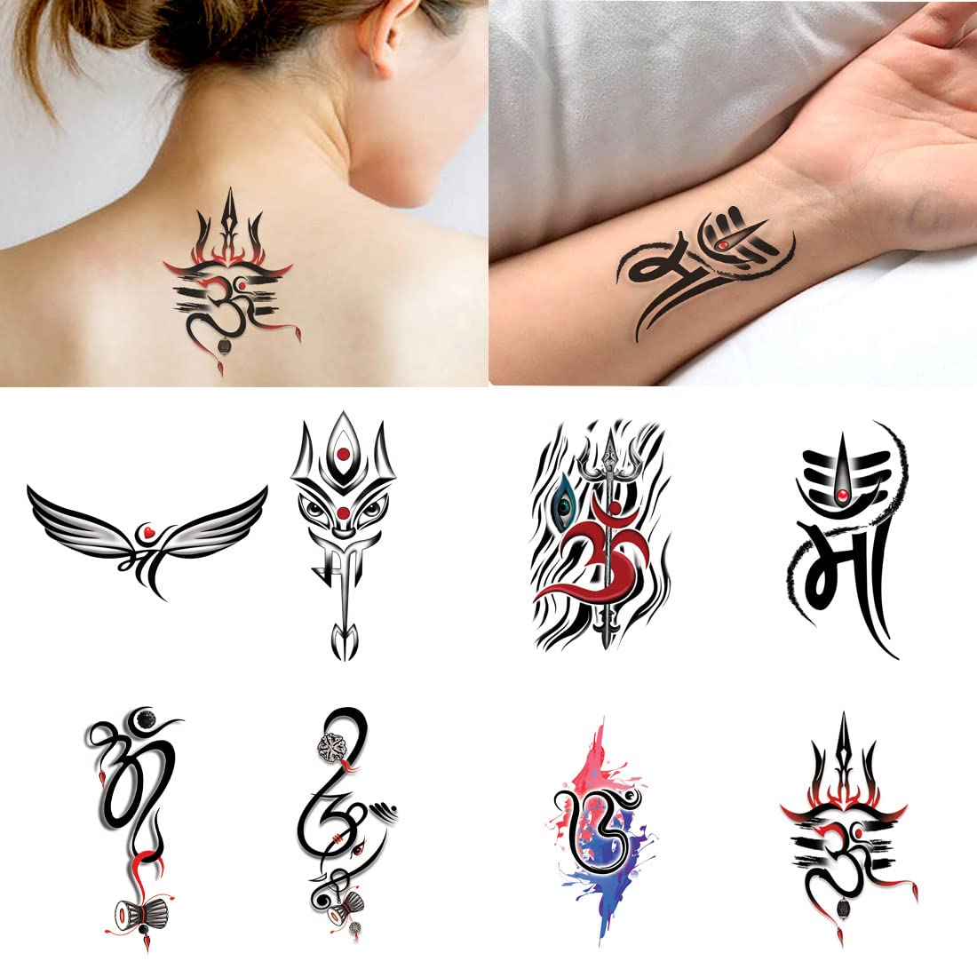 Waterproof Temporary Tattoos - Om Wing & Maa Design Combo Pack of 8 | Long Lasting Fake Body Art for Parties, Festivals & Costume Events
