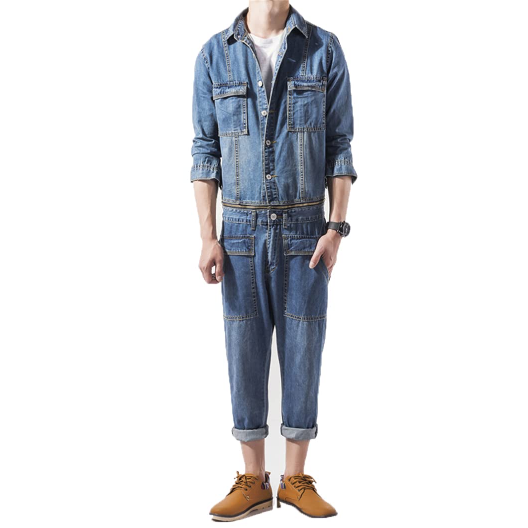 Vintage Japanese Style Denim Overalls for Men - Slim Fit Jean Jacket & Pants 2-Piece Set, Detachable Harajuku Jumpsuit - Perfect for Autumn Fashion, Streetwear and Casual Outings